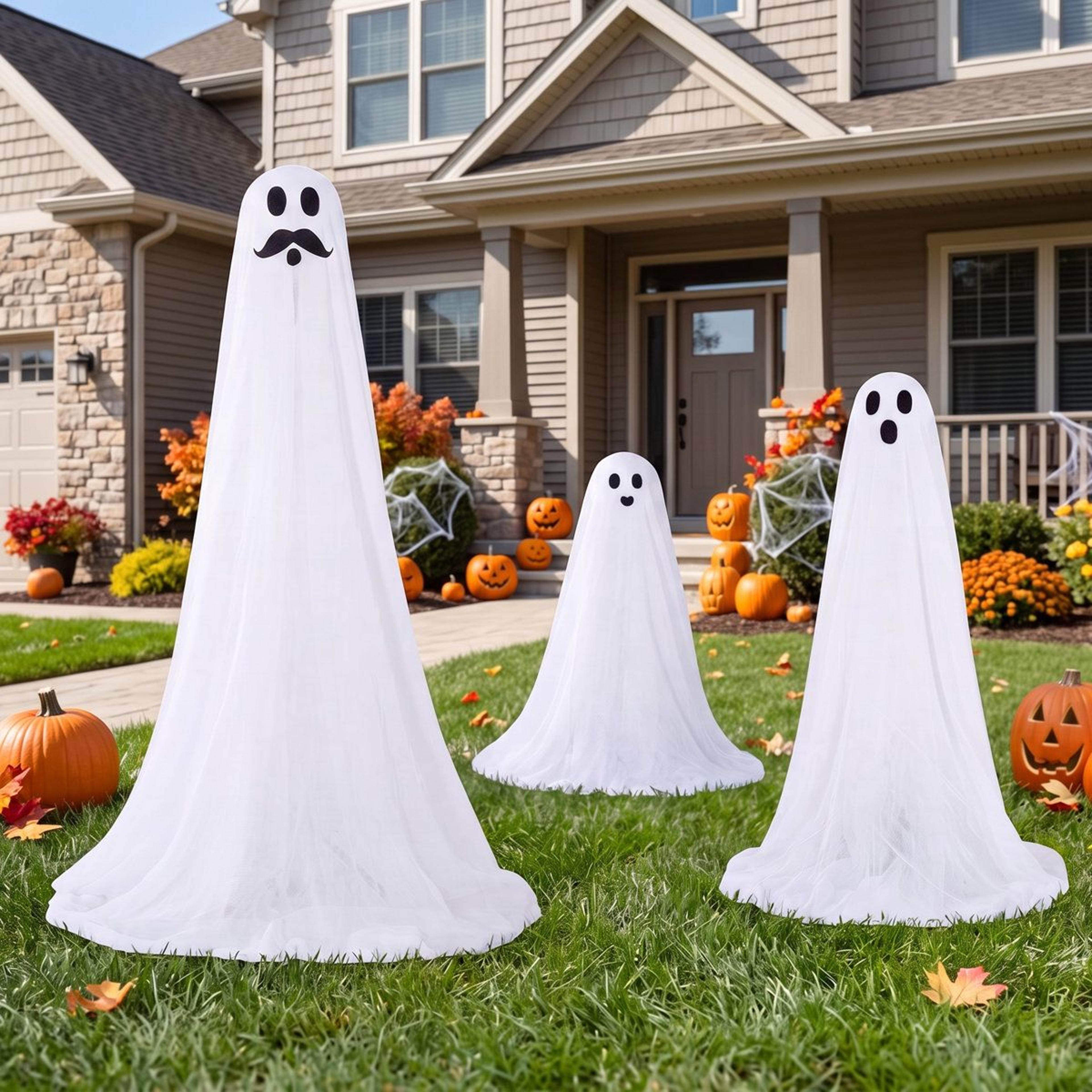 3 piece halloween standing white ghost decorations with warm white lights