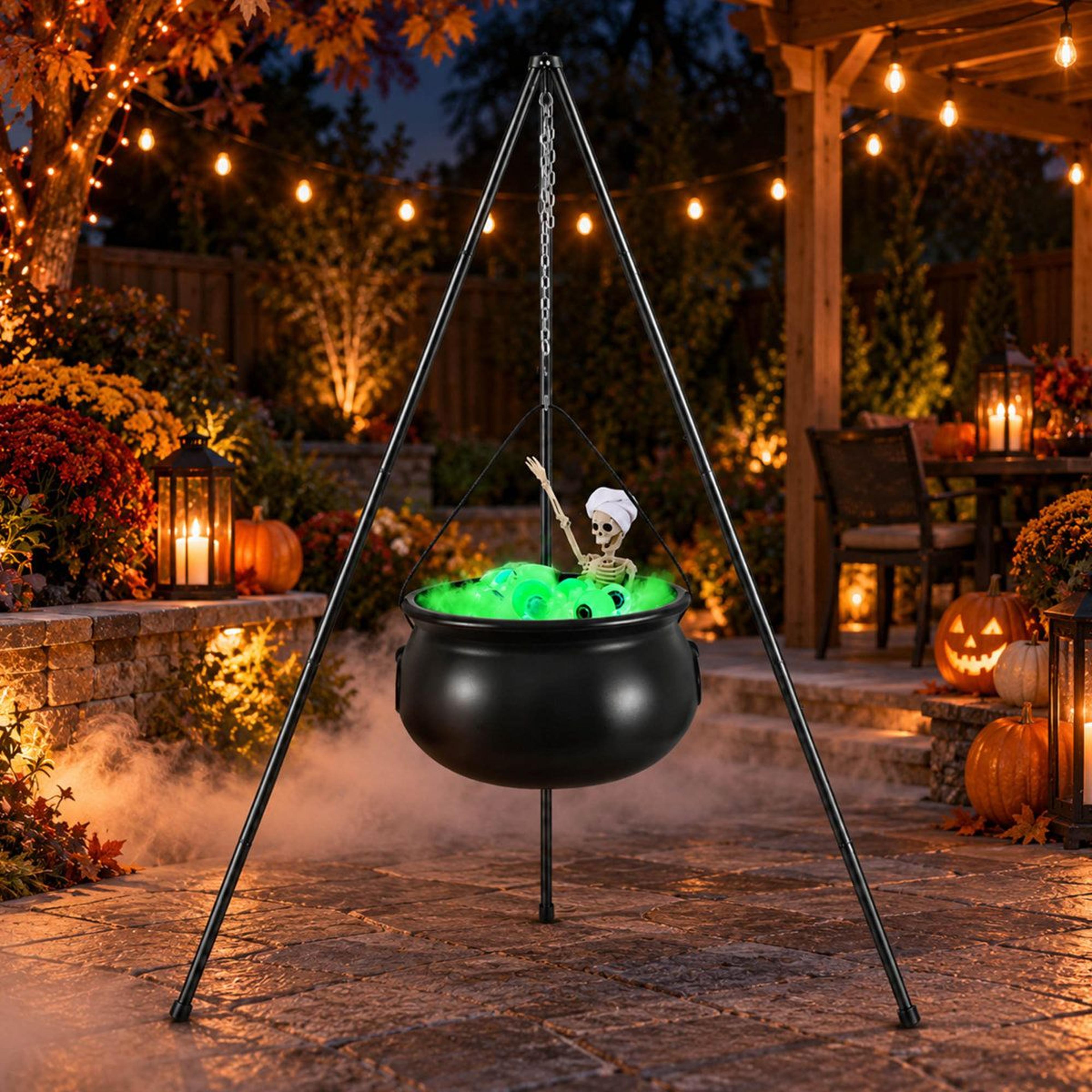 LightUp Halloween Witch Cauldron With Skeleton And Green LED Eyeballs 4