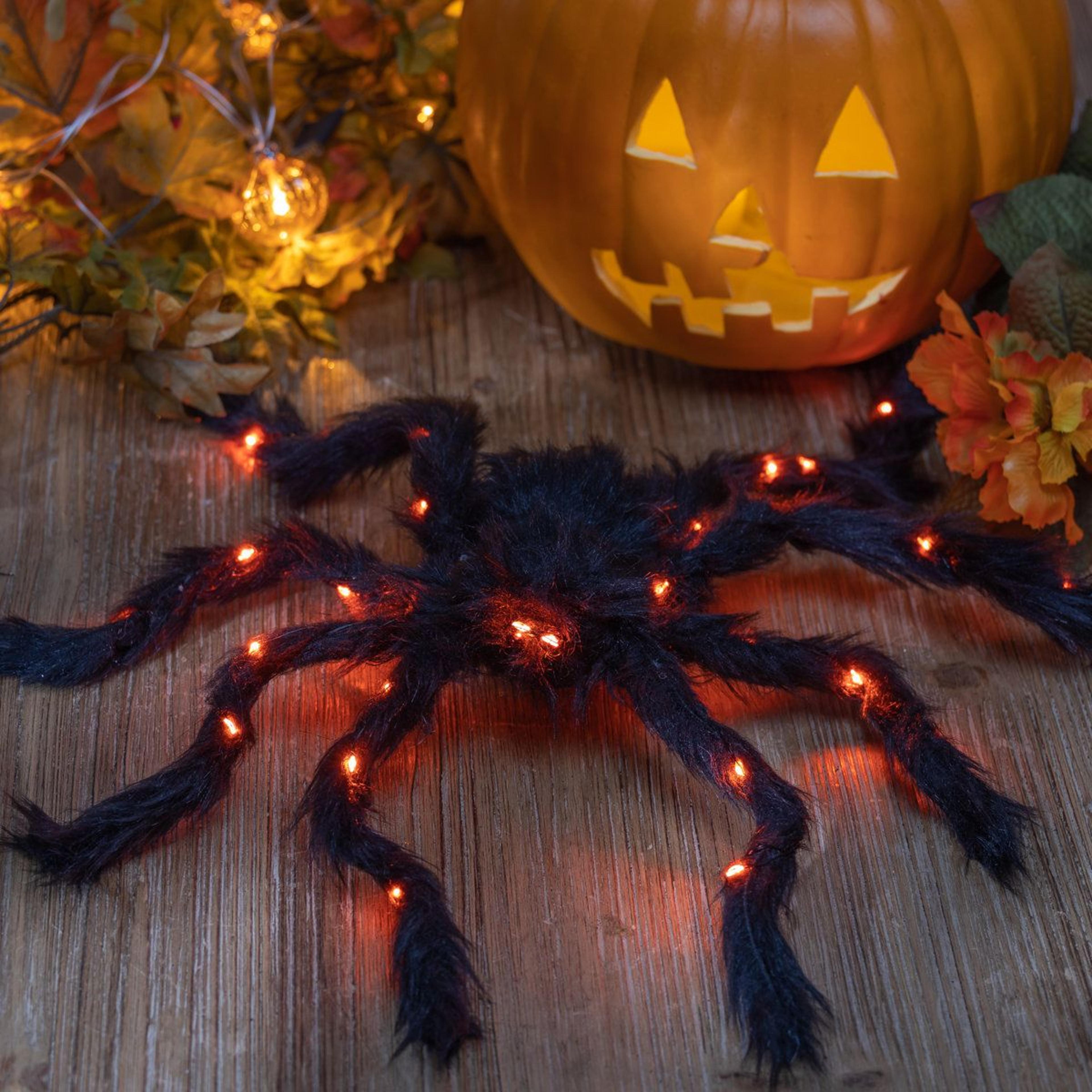 Lighted Fuzzy Halloween Spider Set Of 2 With Bendable Legs And Orange LED Lights 1