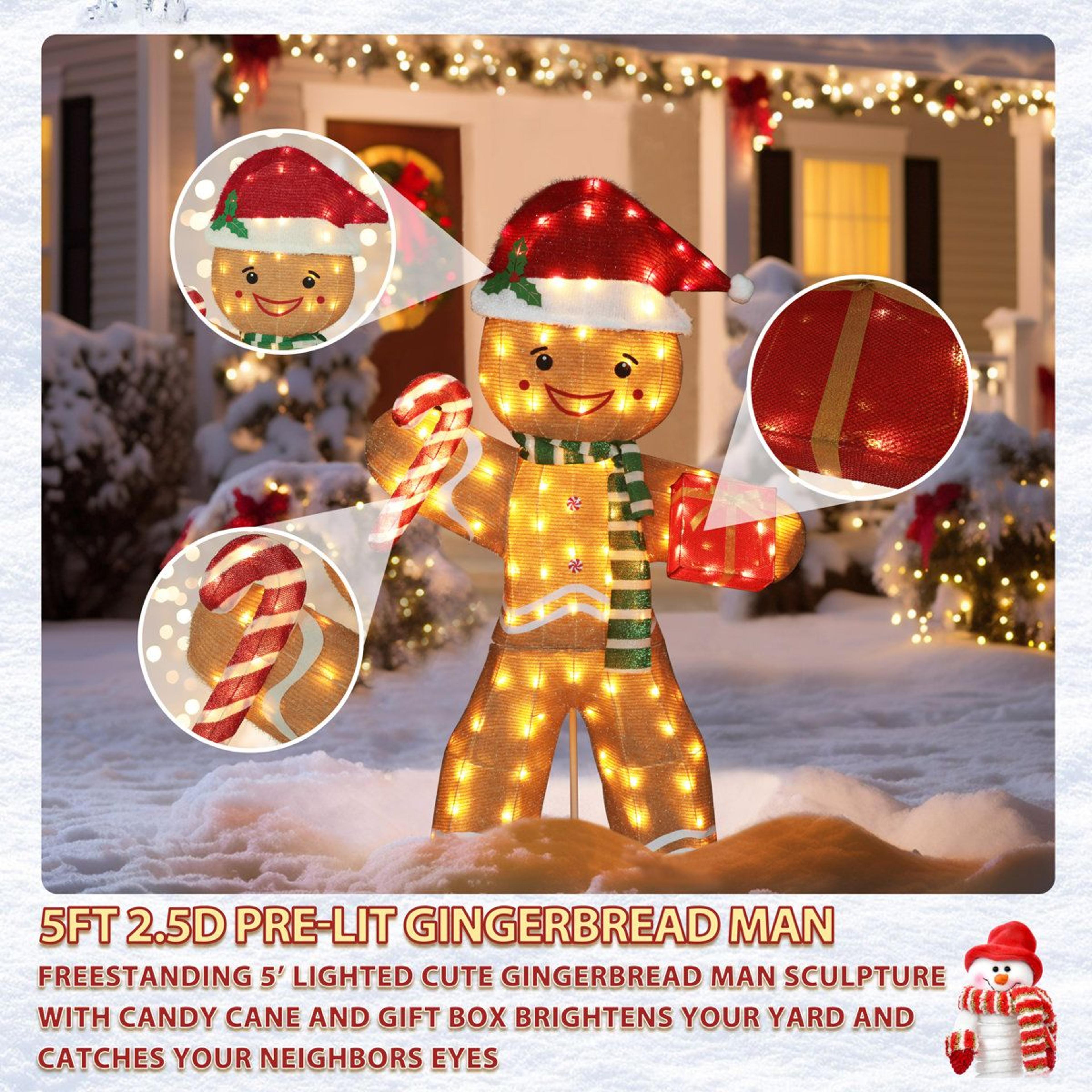 5FT Lighted Gingerbread Man Outdoor Christmas Decoration With Warm White LED Lights 7