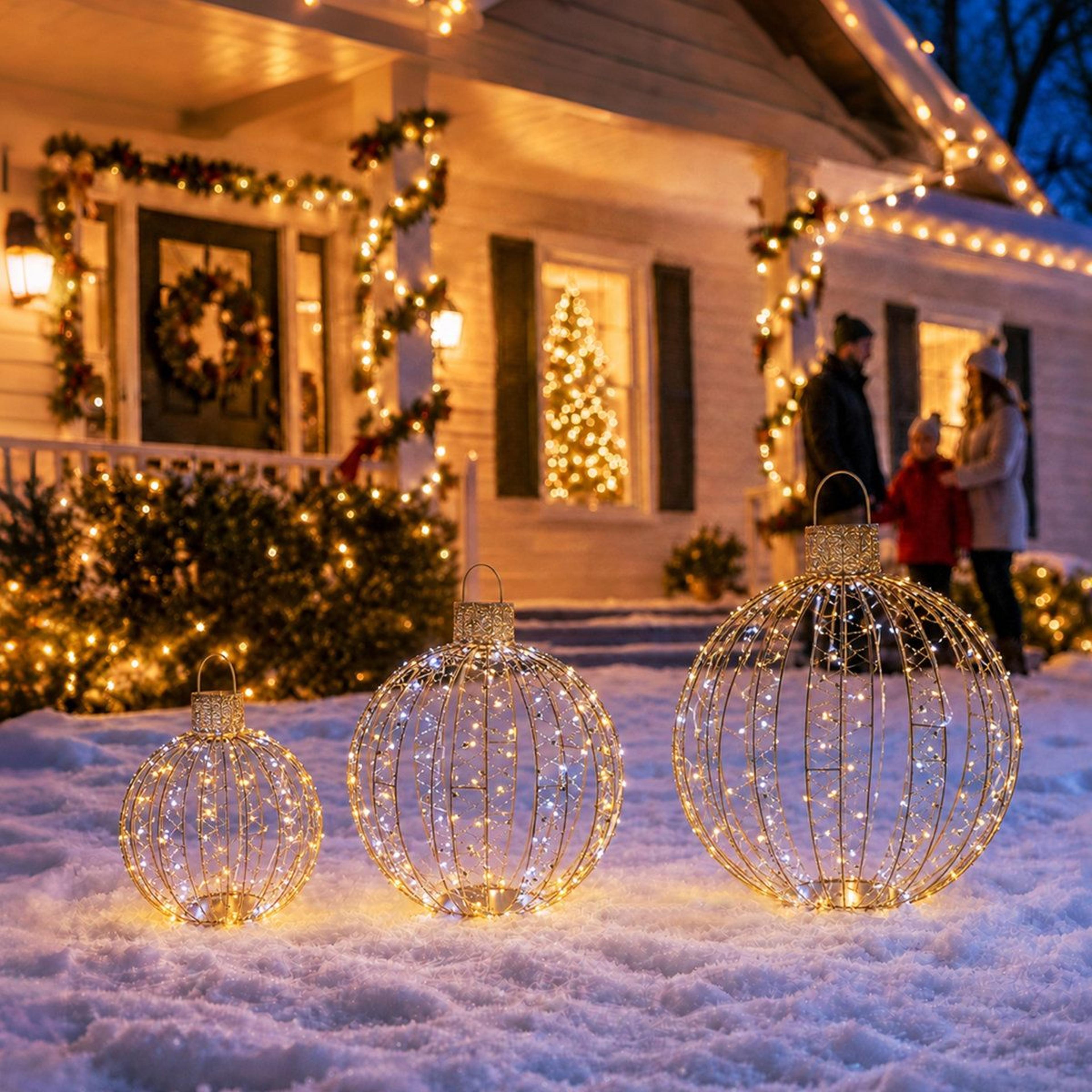 3Piece Outdoor Christmas Ornament Balls With 360 Warm White LED Lights 1