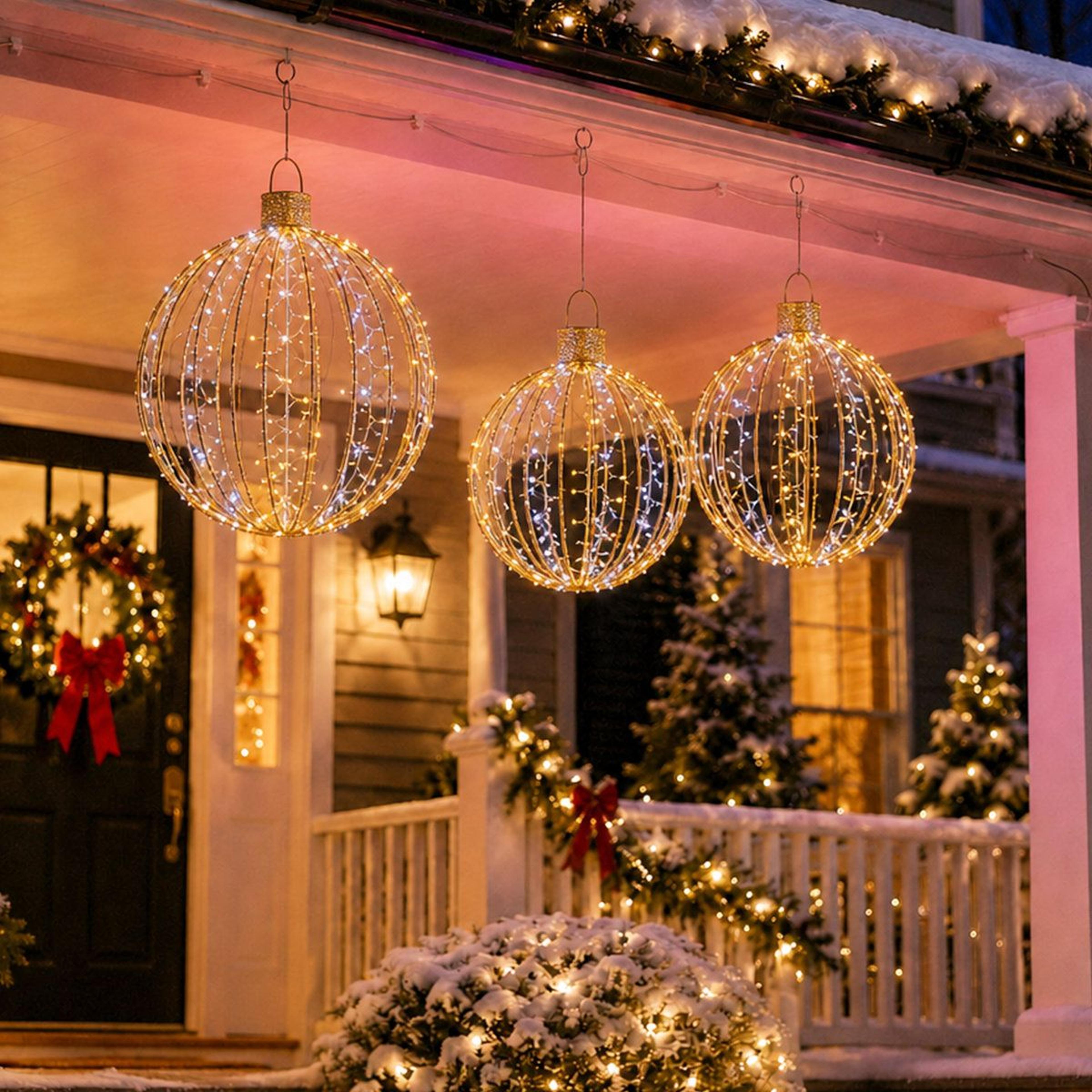 3Piece Outdoor Christmas Ornament Balls With 360 Warm White LED Lights 2