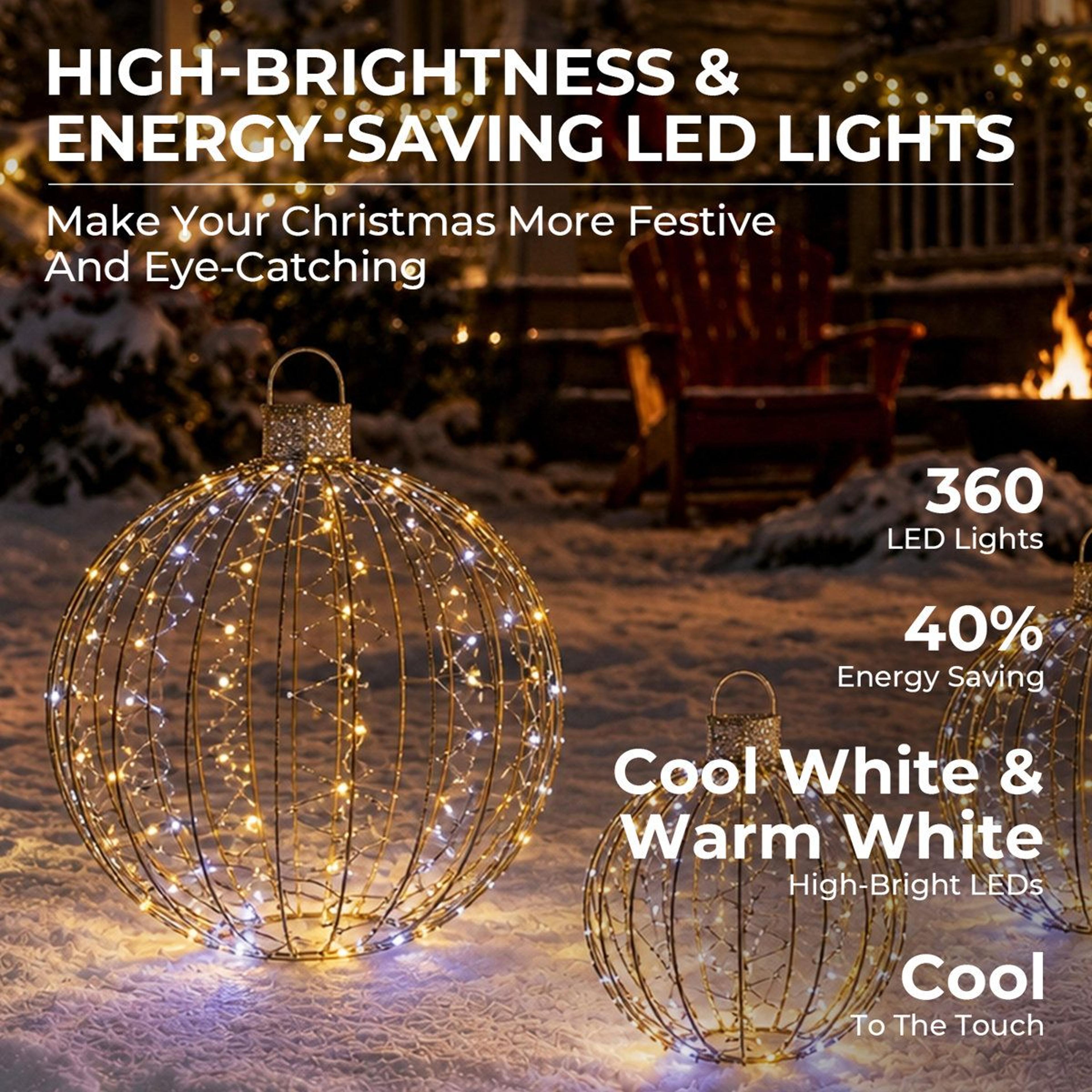3Piece Outdoor Christmas Ornament Balls With 360 Warm White LED Lights 7