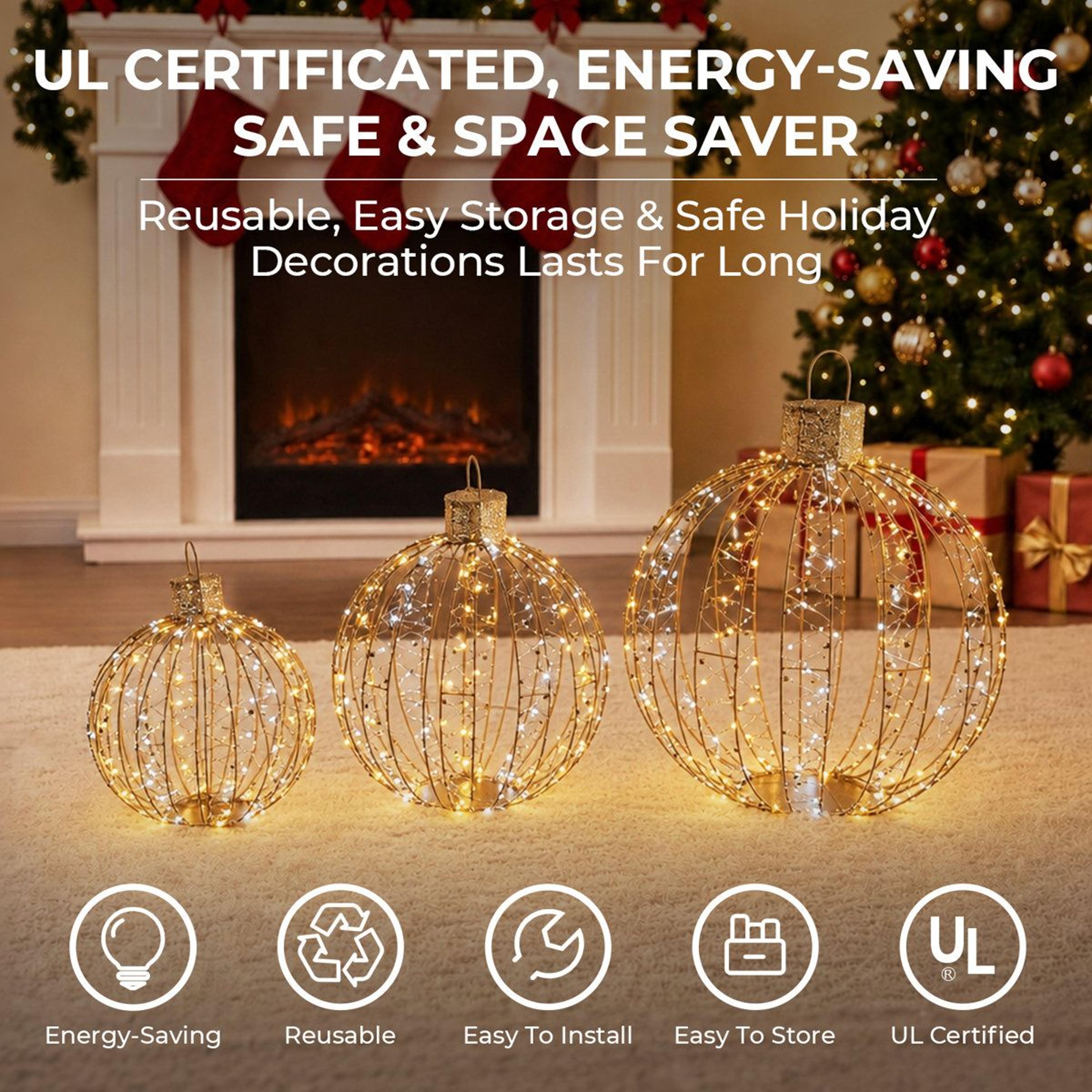 3Piece Outdoor Christmas Ornament Balls With 360 Warm White LED Lights 9