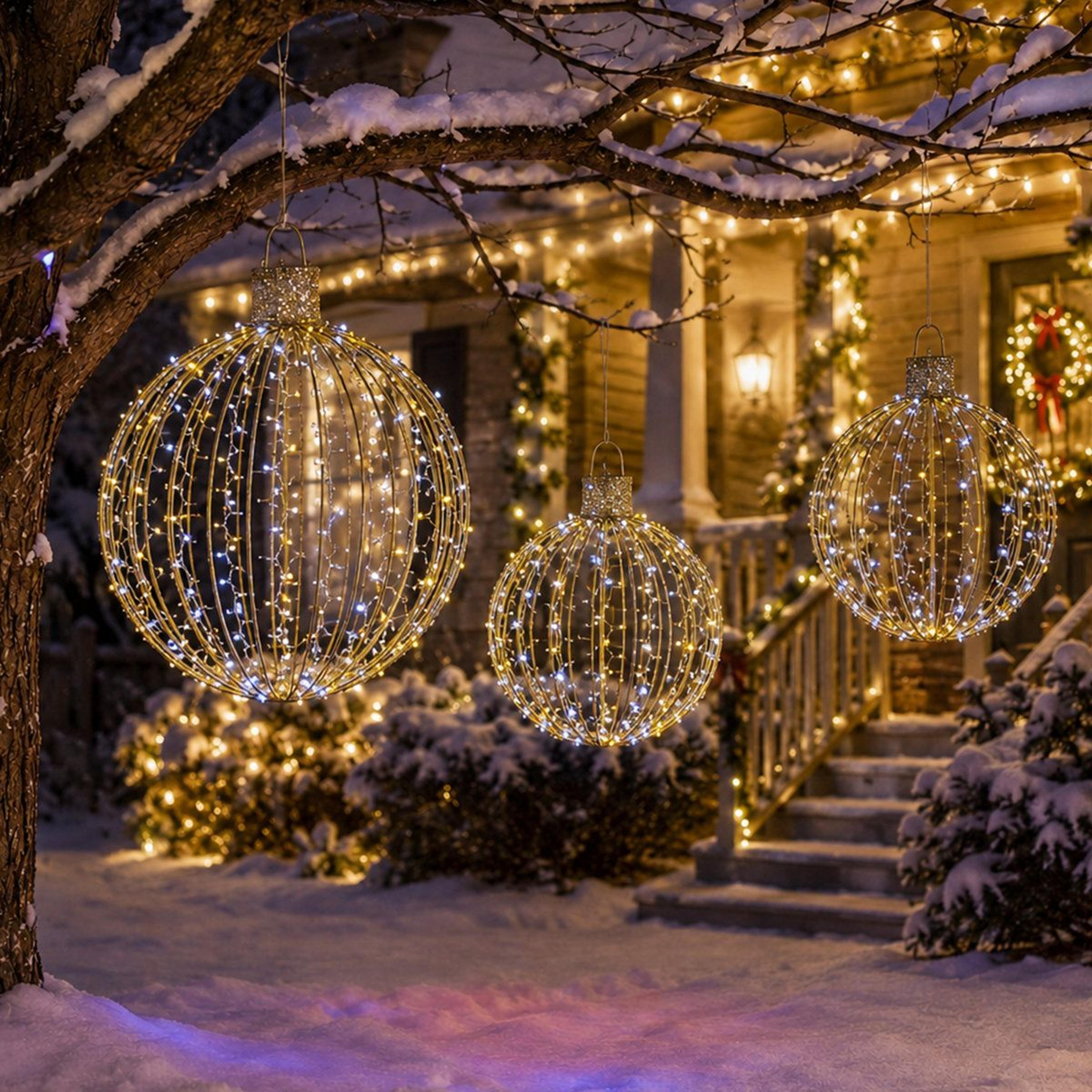 3Piece Outdoor Christmas Ornament Balls With 360 Warm White LED Lights 4