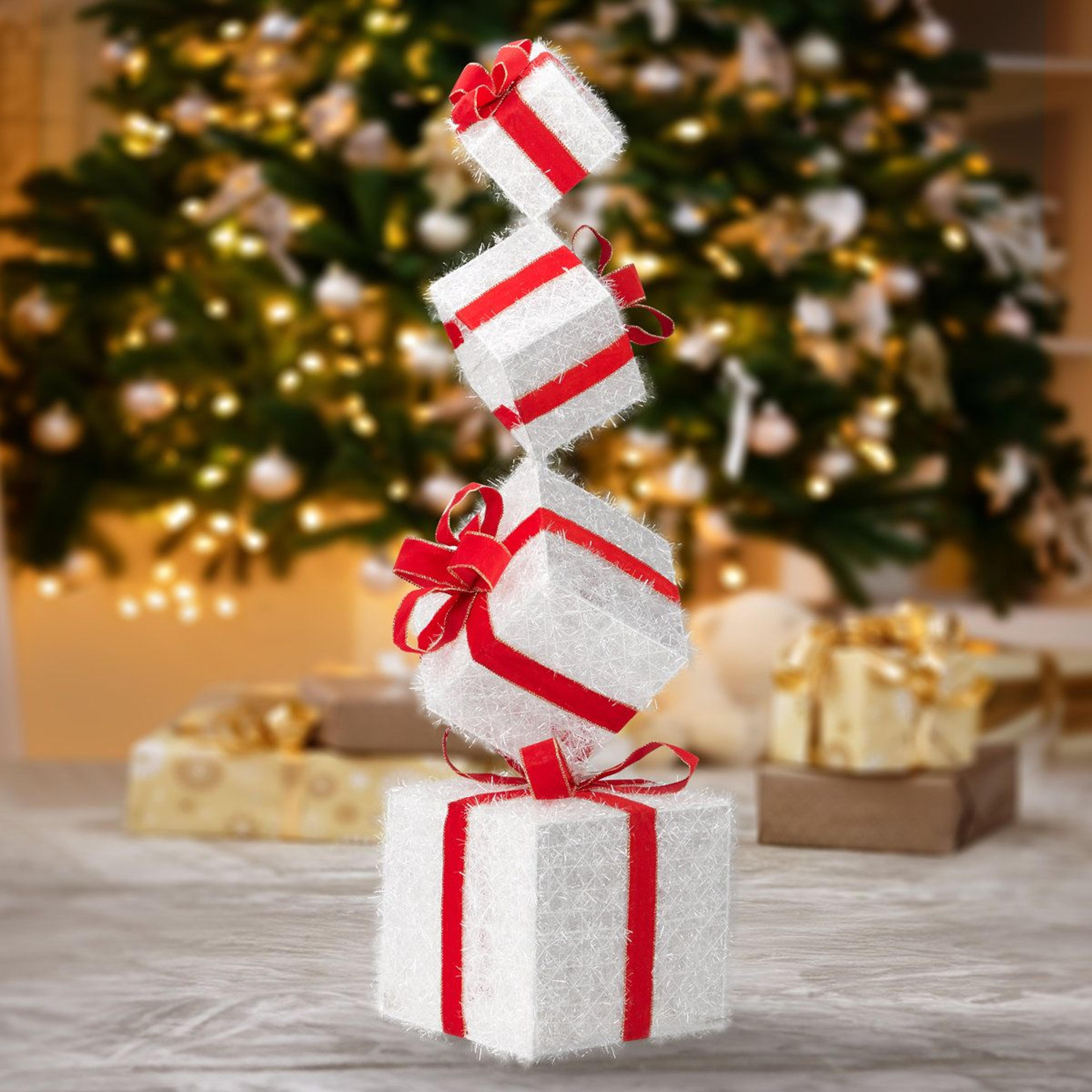 Lighted Christmas Gift Box Decoration Set With Warm White LED Lights  Red And White 1