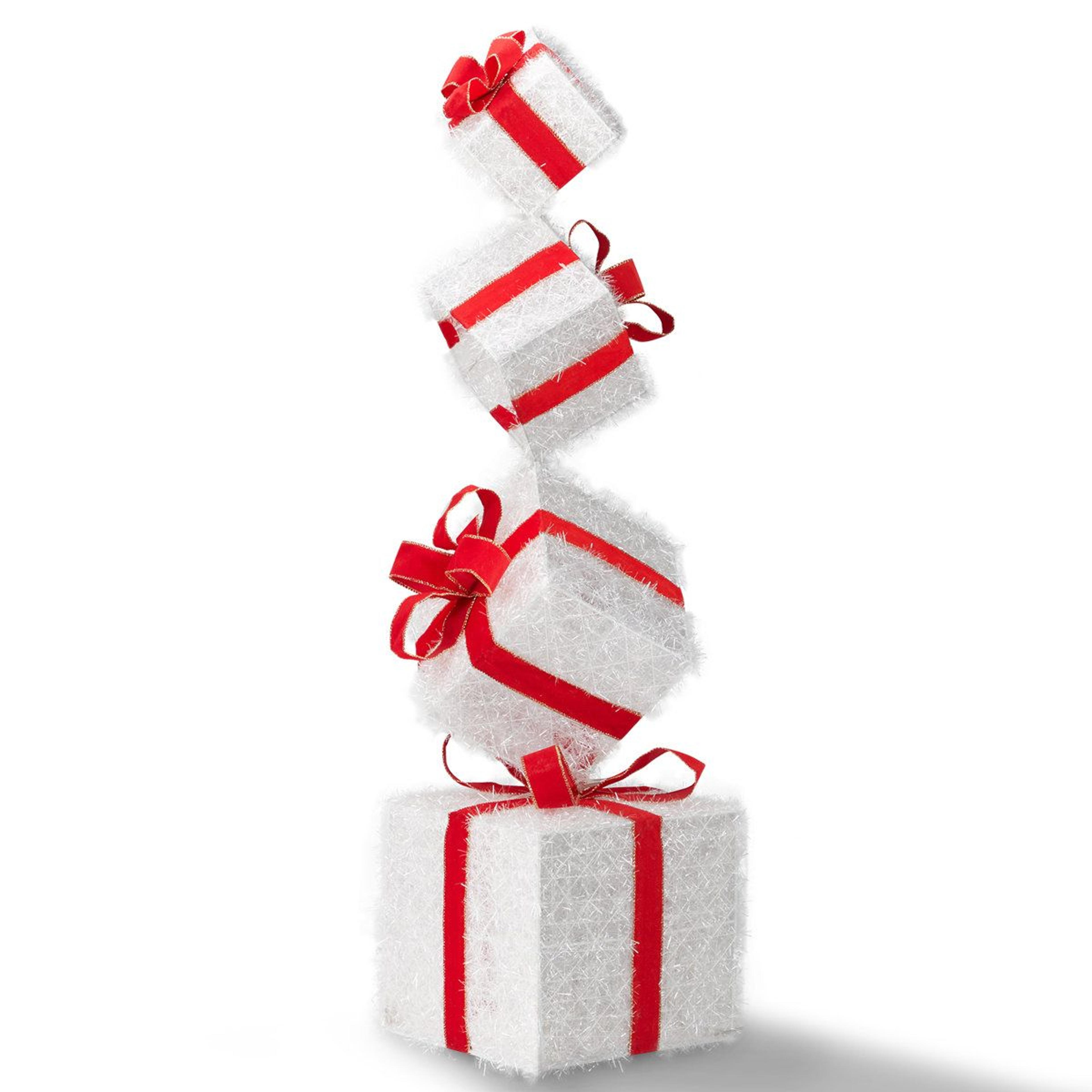 lighted christmas gift box decoration set with warm white led lights – red and white