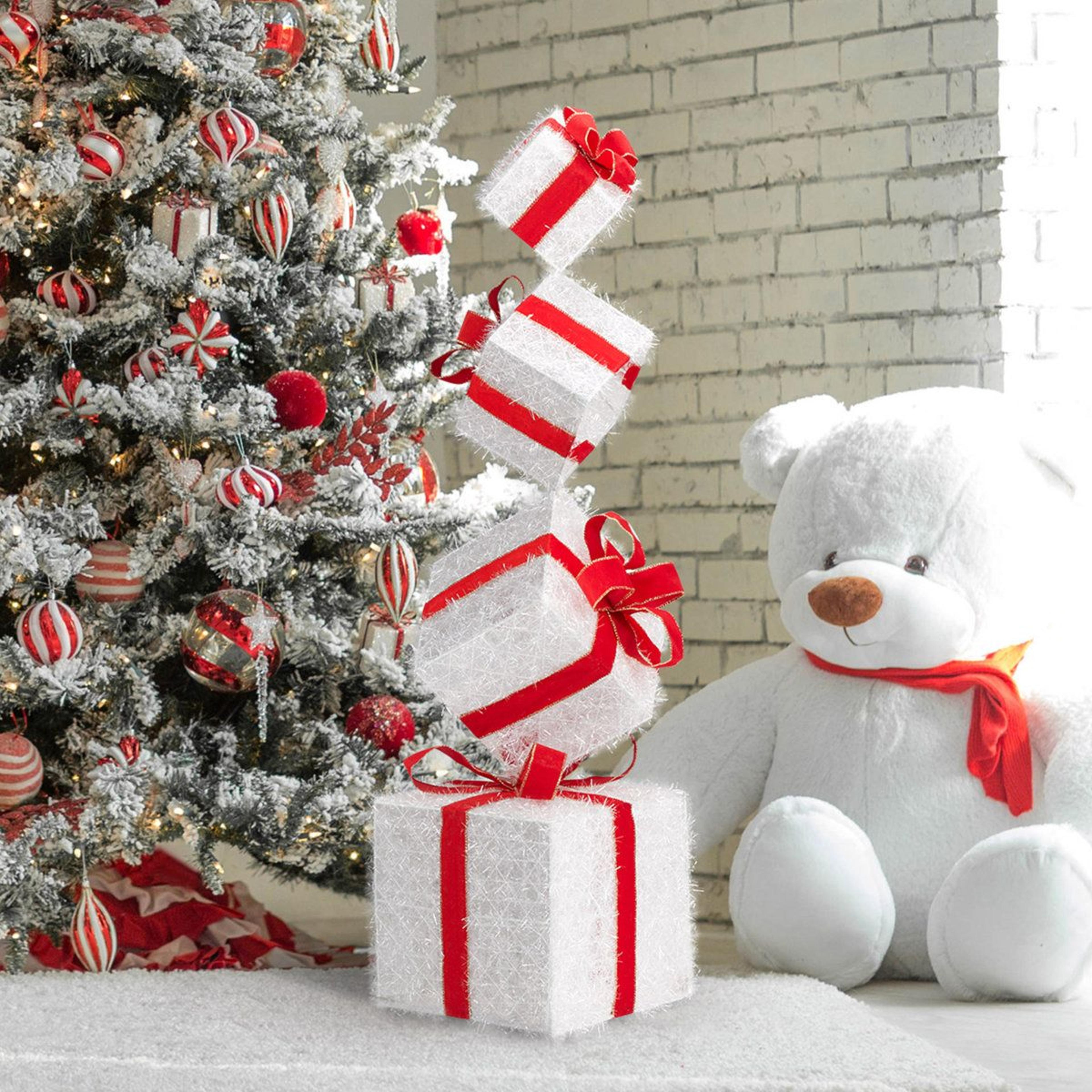 Lighted Christmas Gift Box Decoration Set With Warm White LED Lights  Red And White 5