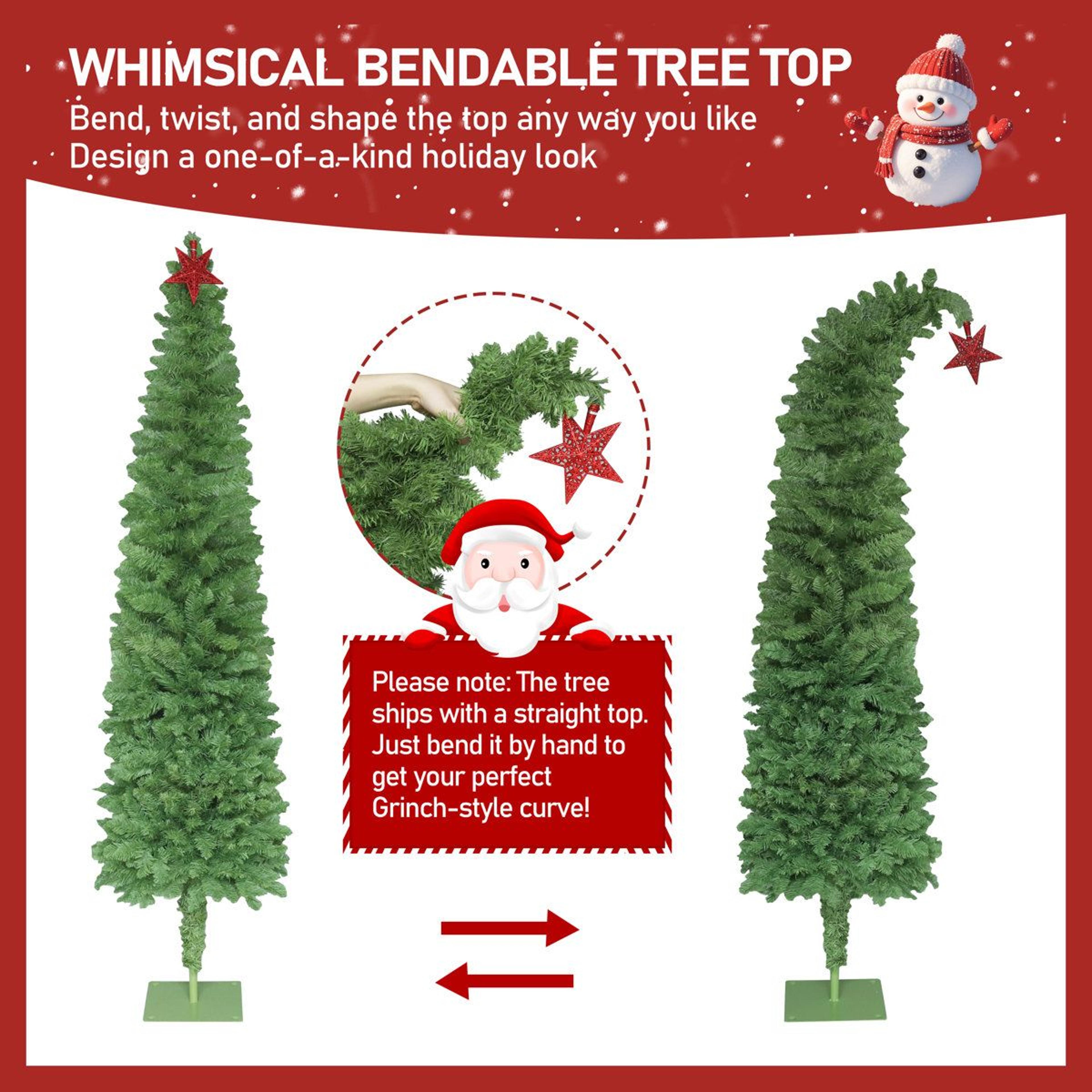 6 Ft PreLit Pencil Christmas Tree With Curved Top Star And 200 Warm White LED Lights 7