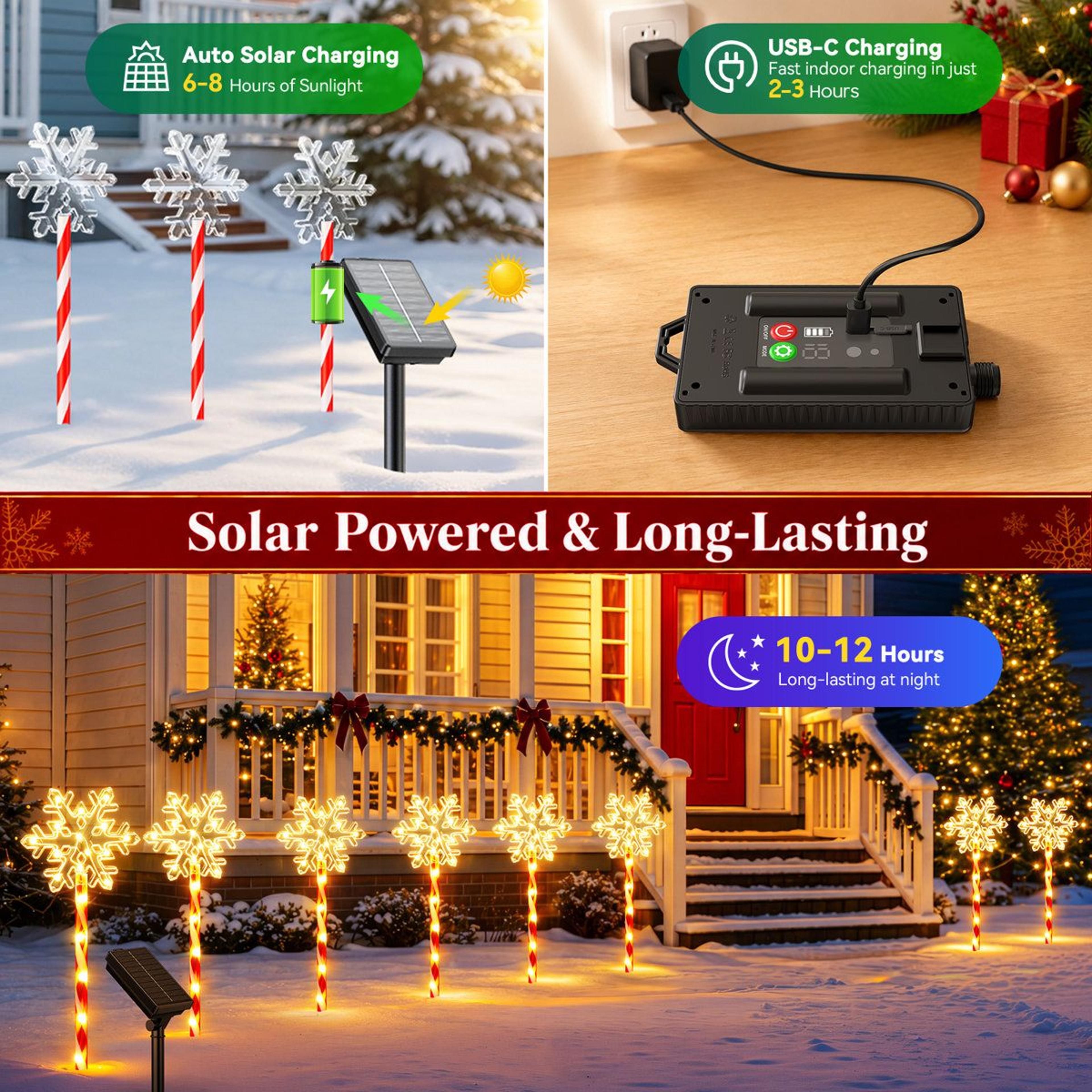 Solar Snowflake Pathway Lights With 180 Warm White LEDs And Candy Cane Poles  Set Of 8 3