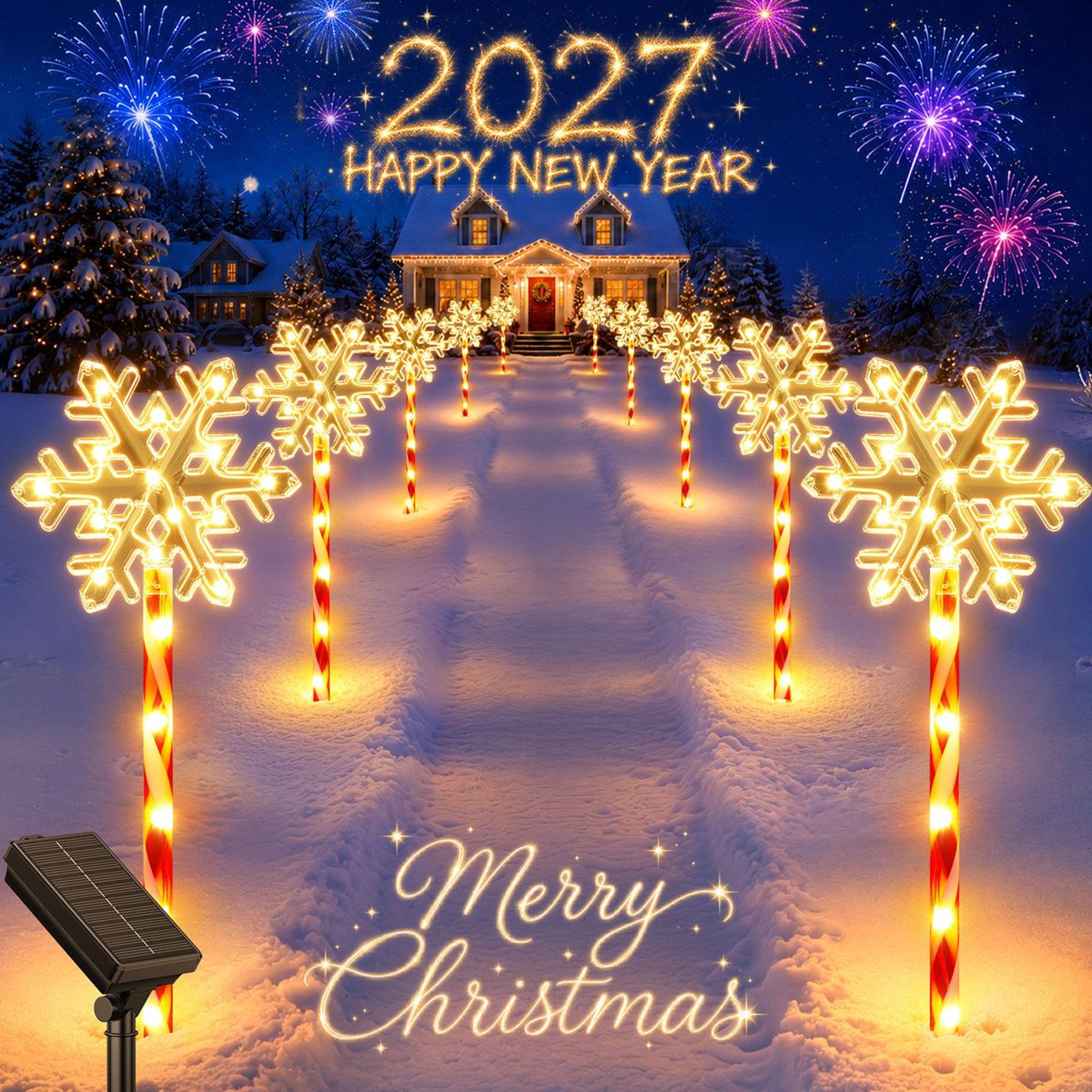 Solar Snowflake Pathway Lights With 180 Warm White LEDs And Candy Cane Poles  Set Of 8 5