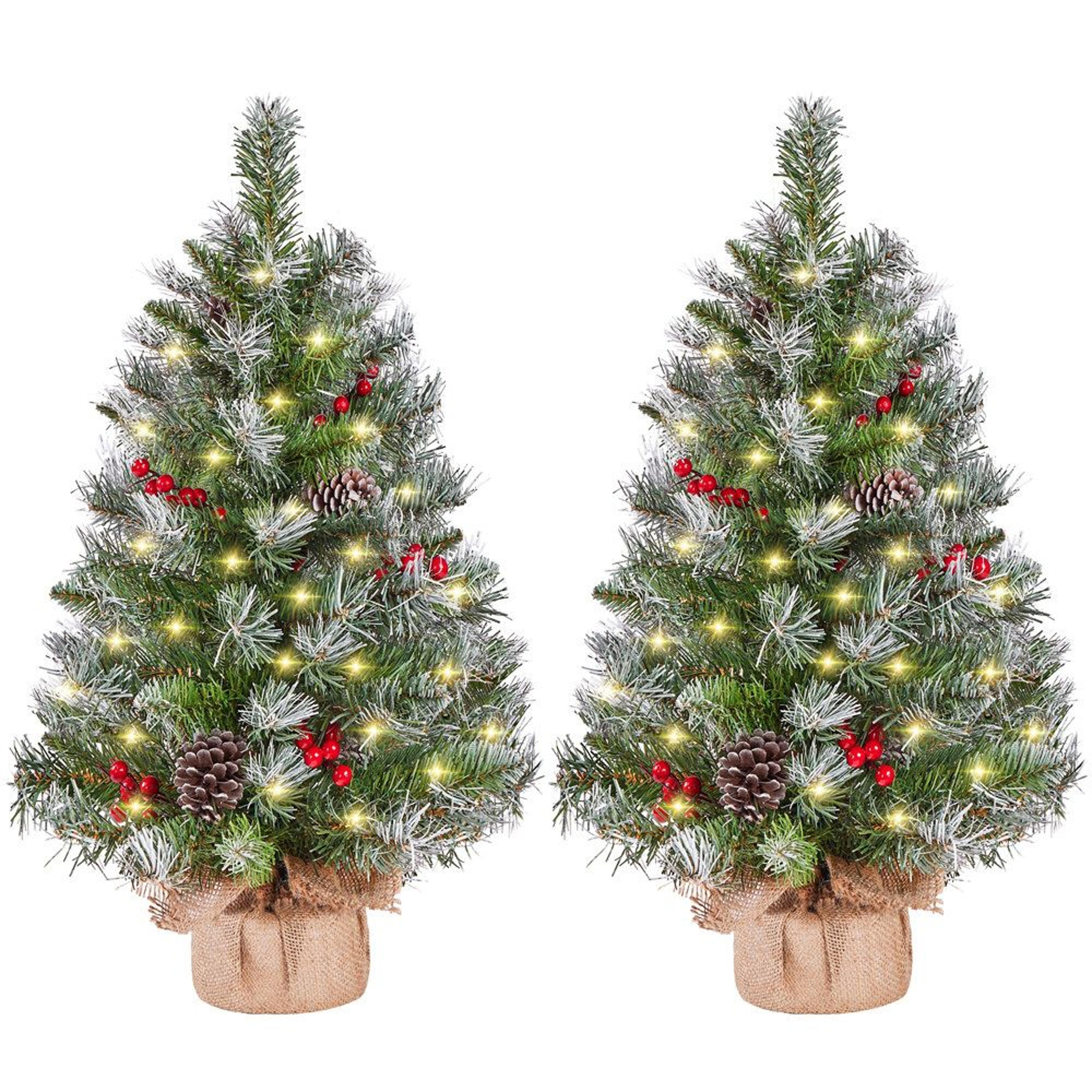 pre-lit frosted tabletop christmas trees with pinecones and berries set of 2