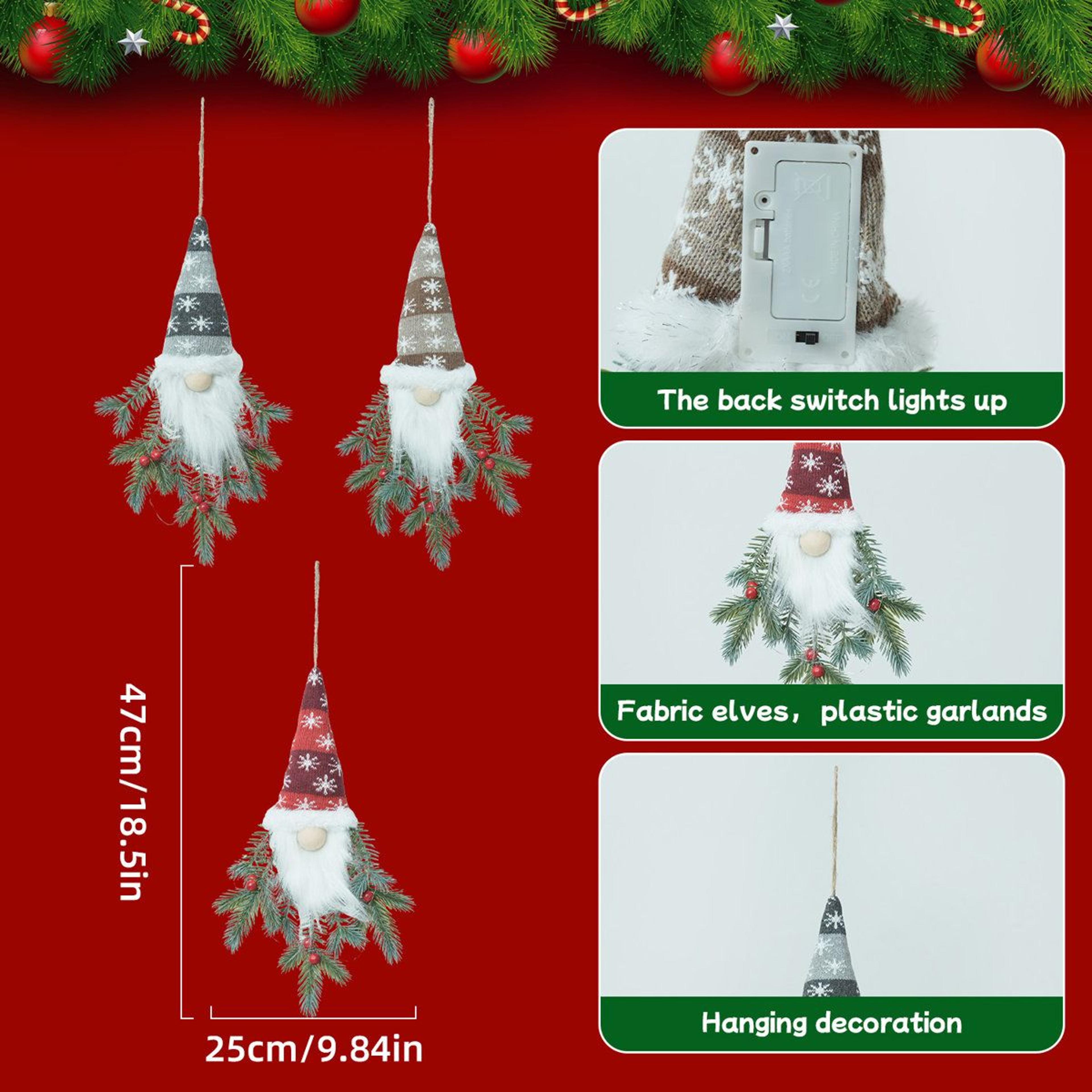 LightUp Christmas Elf Hanging Decorations With LED Pine And Berries Set Of 3 12