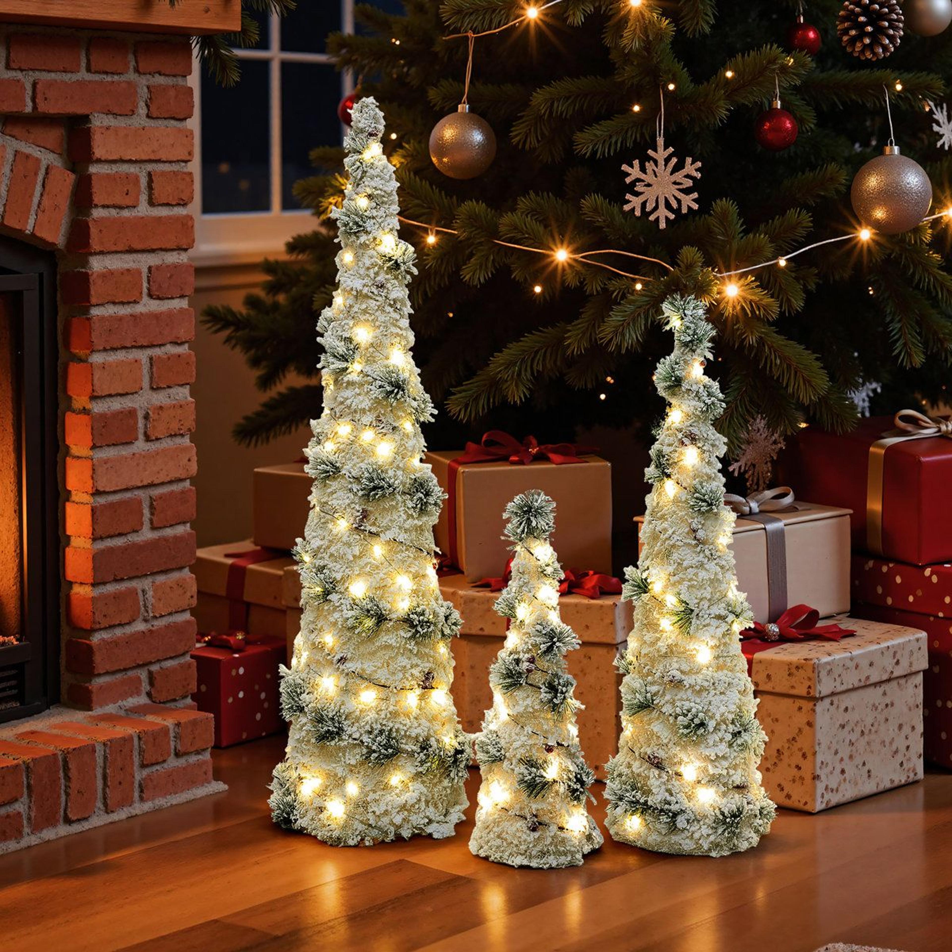 3Piece PreLit Flocked Cone Christmas Tree Set With Warm White LED Lights 6