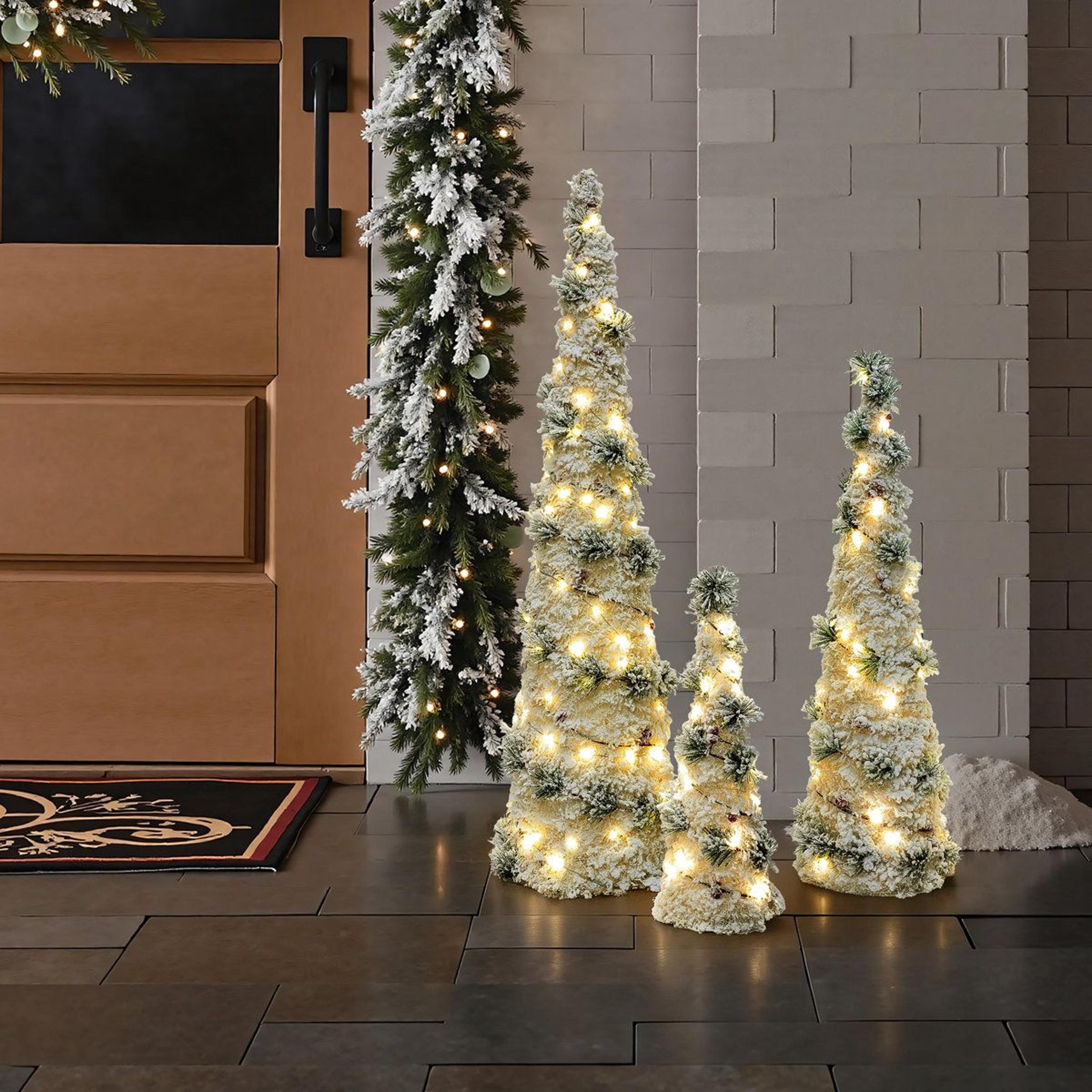 3Piece PreLit Flocked Cone Christmas Tree Set With Warm White LED Lights 3