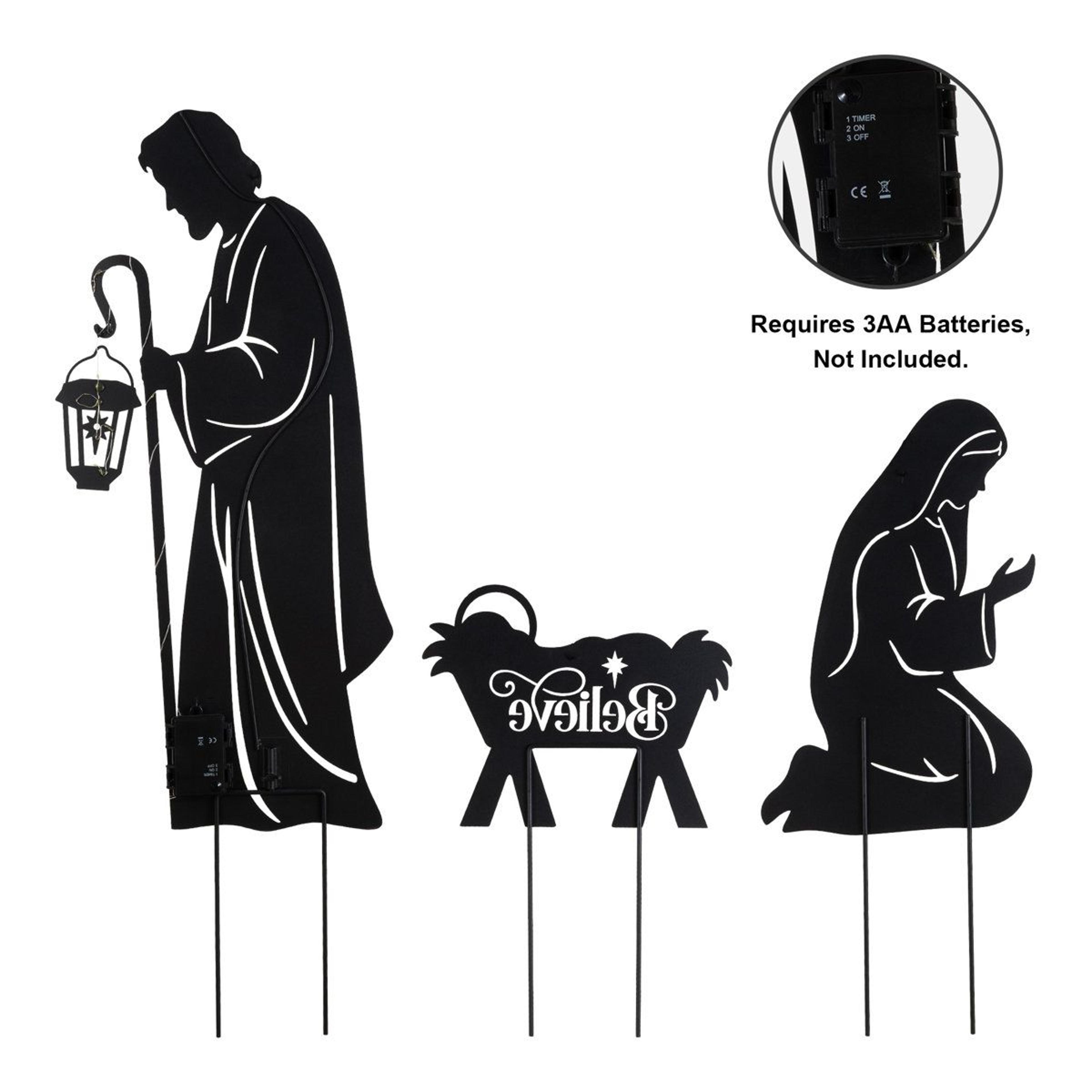 Christmas Nativity Yard Stakes With LED Lantern And Timer  Set Of 3 12