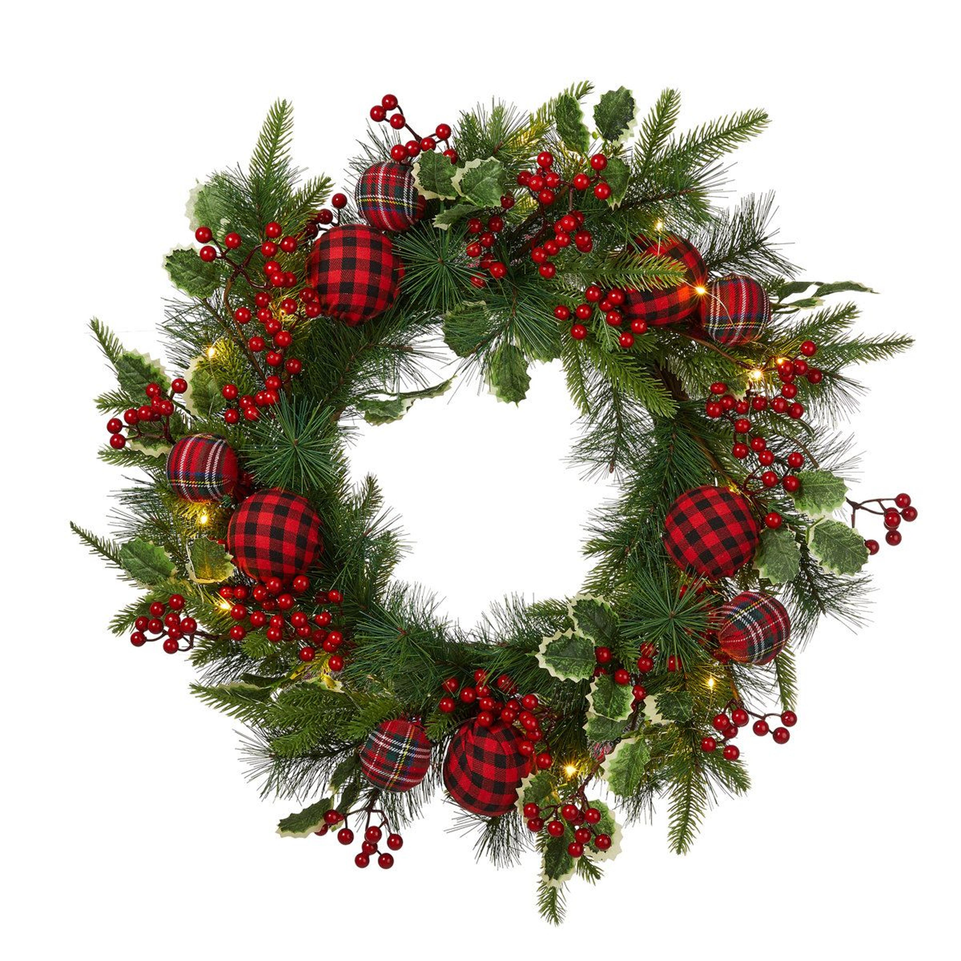 24-inch pre-lit christmas wreath with warm white led lights and pine cones