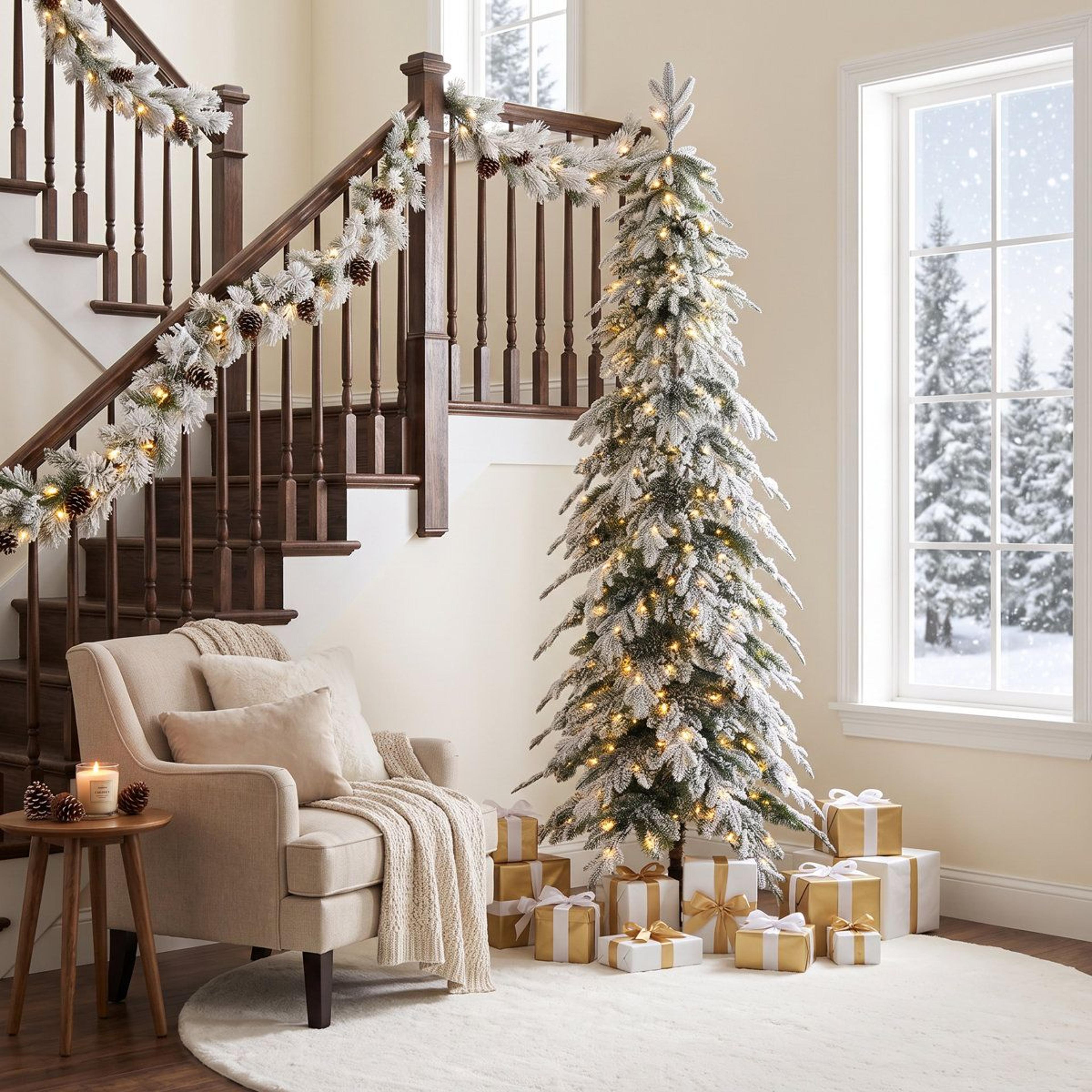 PreLit Frosted Artificial Christmas Tree With Warm White LED Lights And Slim Design 10