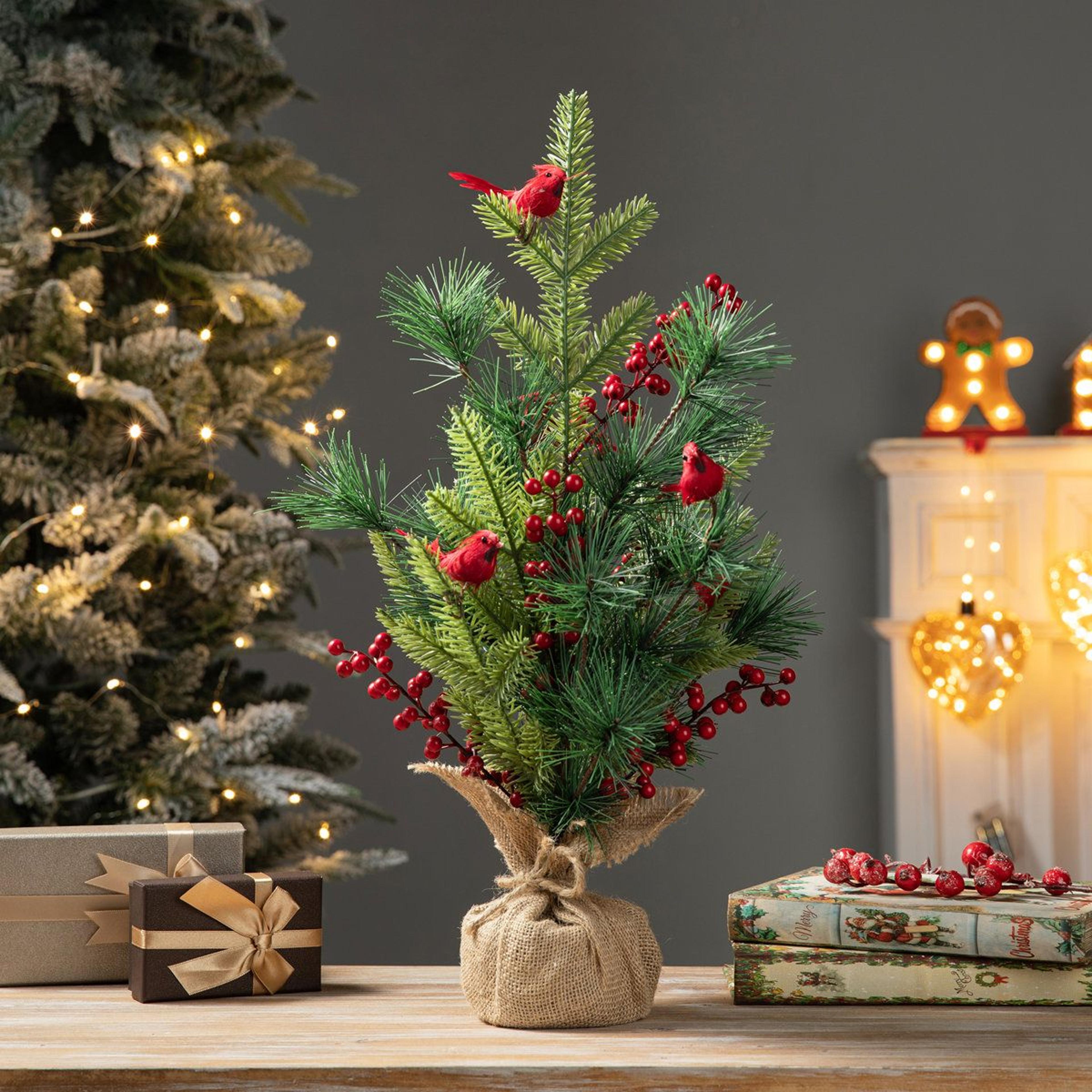 20Inch Christmas Cardinal Tabletop Tree Decoration With Pinecones 1