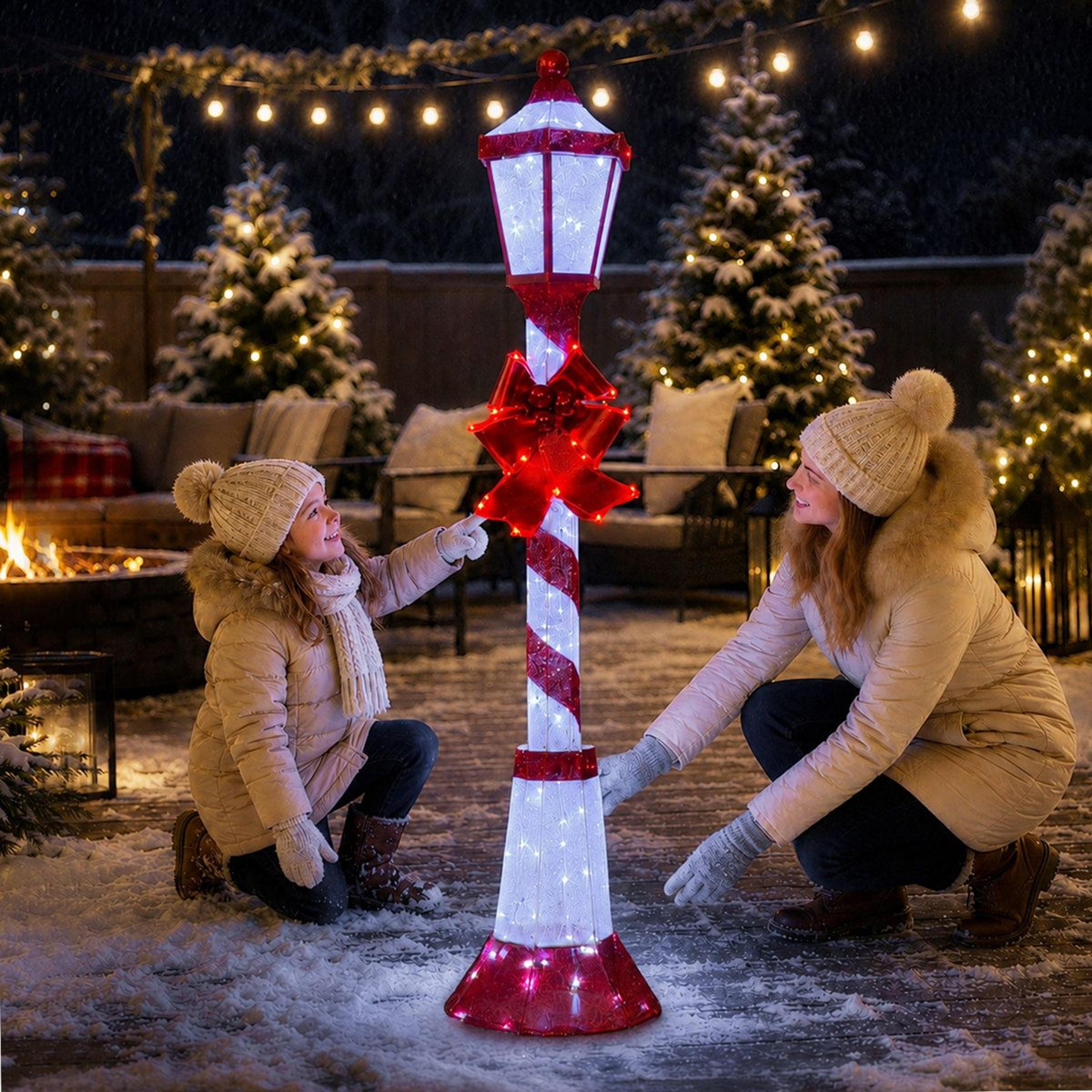 5 Ft Outdoor Christmas Lamp Post Decoration With 129 White LED Lights And Red Bow 8