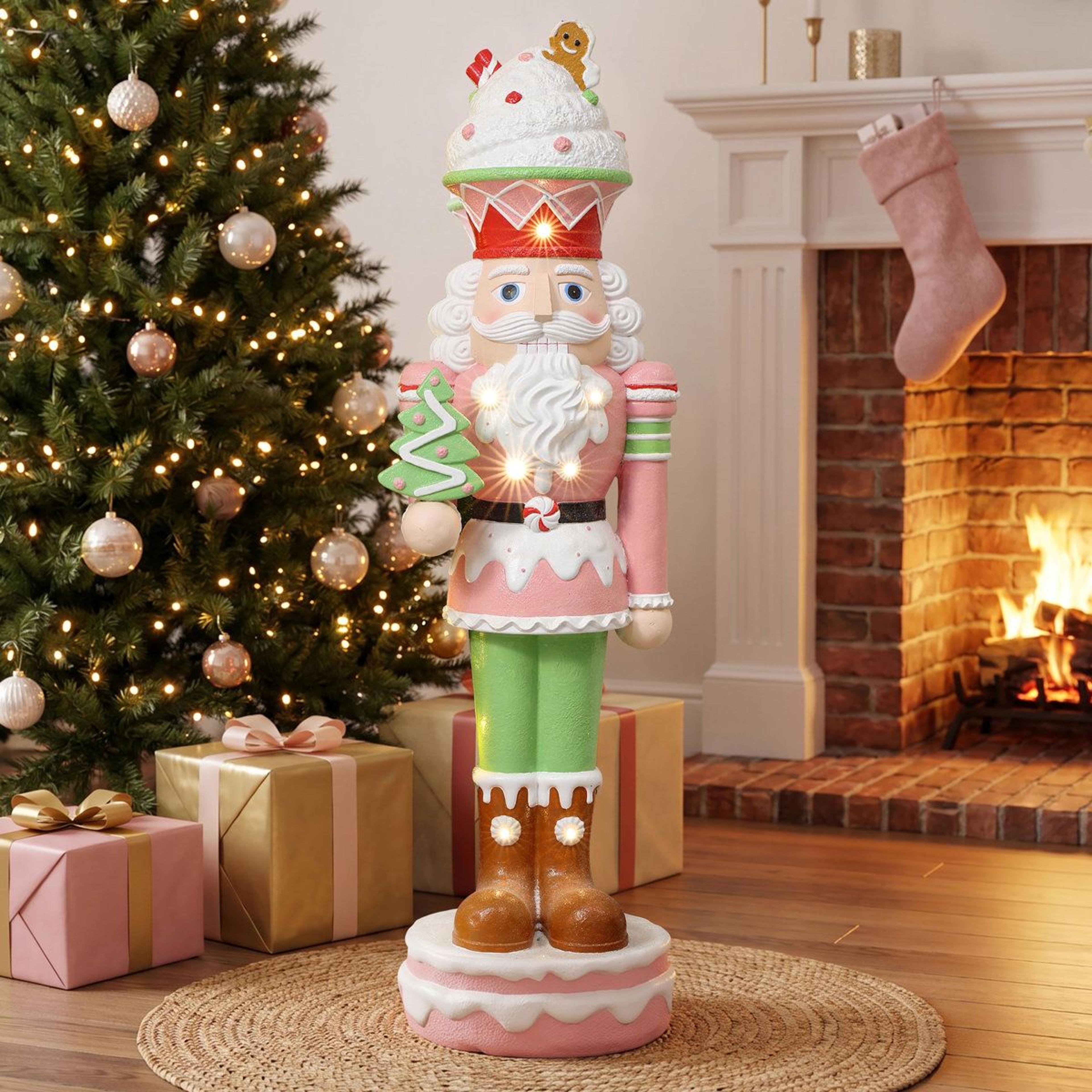 Lighted Pink Christmas Nutcracker Soldier With Candy Theme And Battery Timer 16