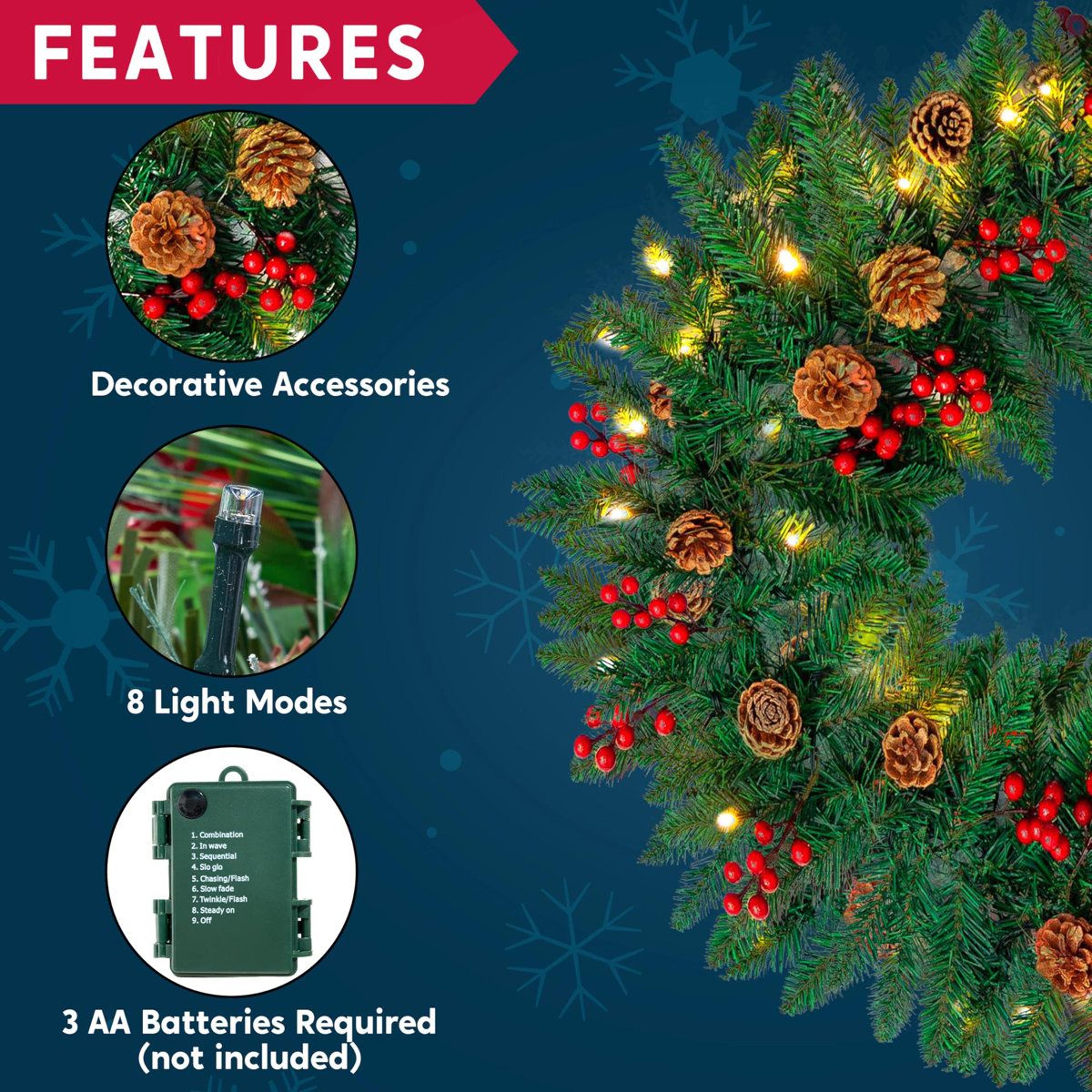 9 Ft PreLit Artificial Christmas Garland With 100 LED Lights Pine Cones And Red Berries 5