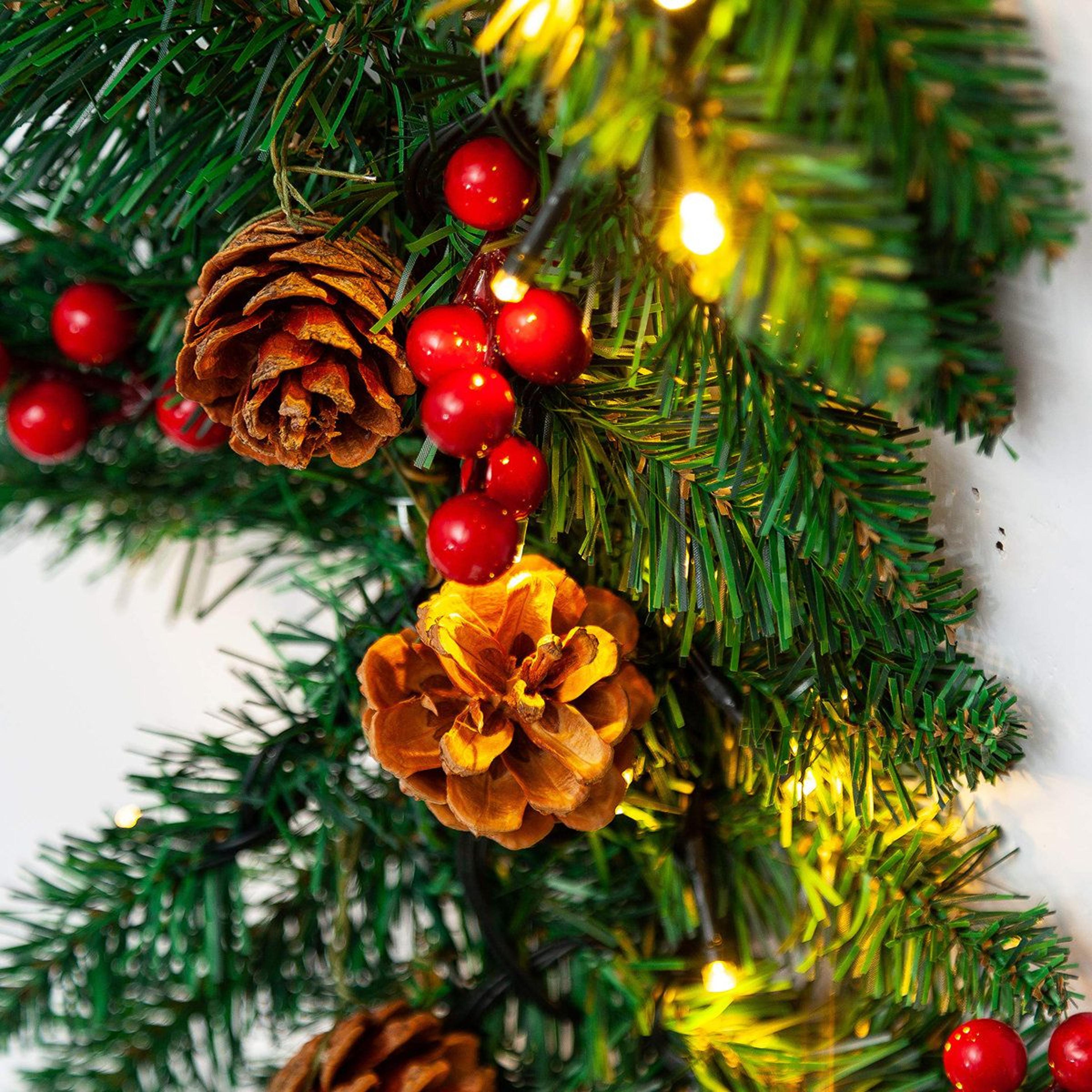 9 Ft PreLit Artificial Christmas Garland With 100 LED Lights Pine Cones And Red Berries 2