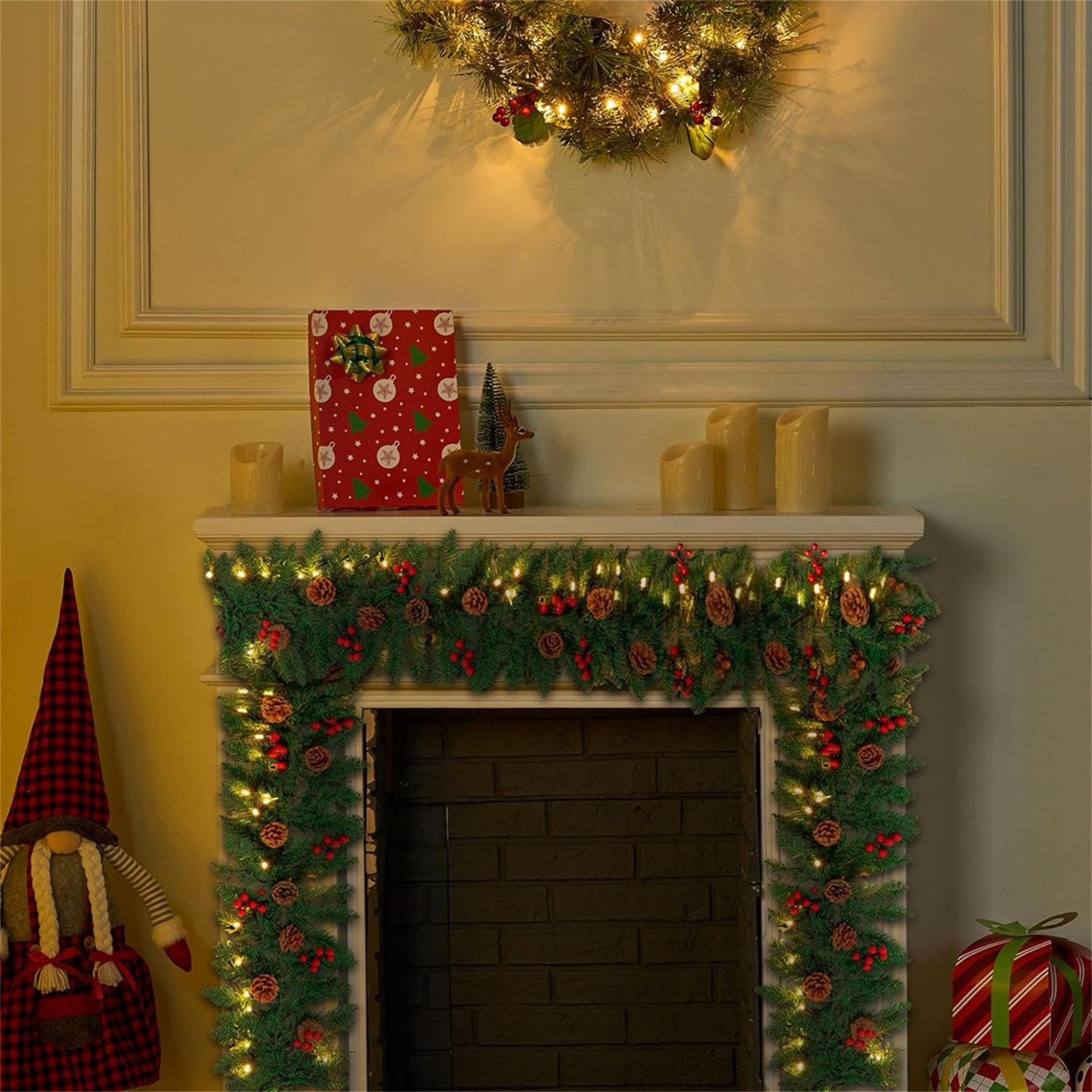 9 Ft PreLit Artificial Christmas Garland With 100 LED Lights Pine Cones And Red Berries 4