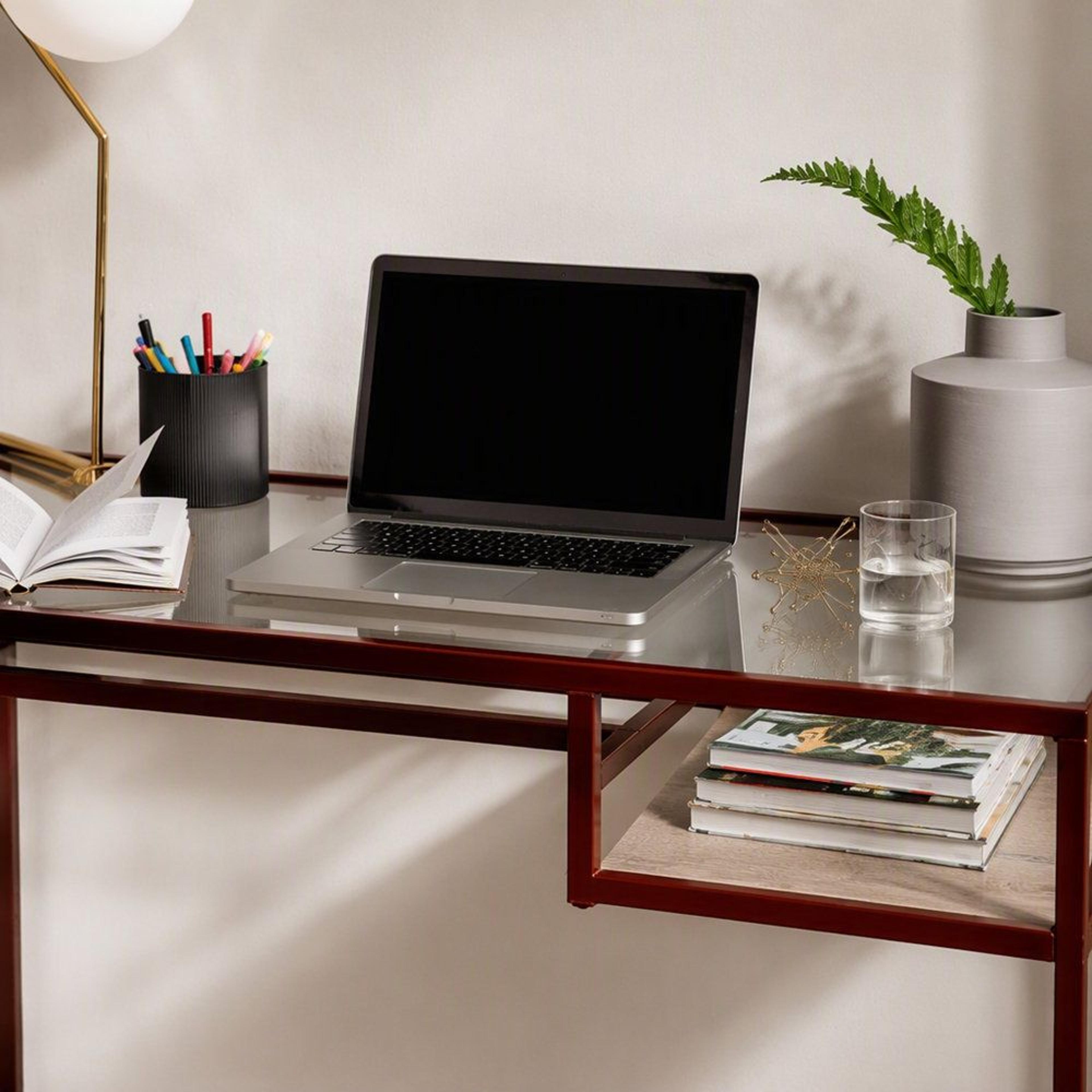 Modern Glass Top Writing Desk With Red Storage Shelf And Metal Sled Base 4