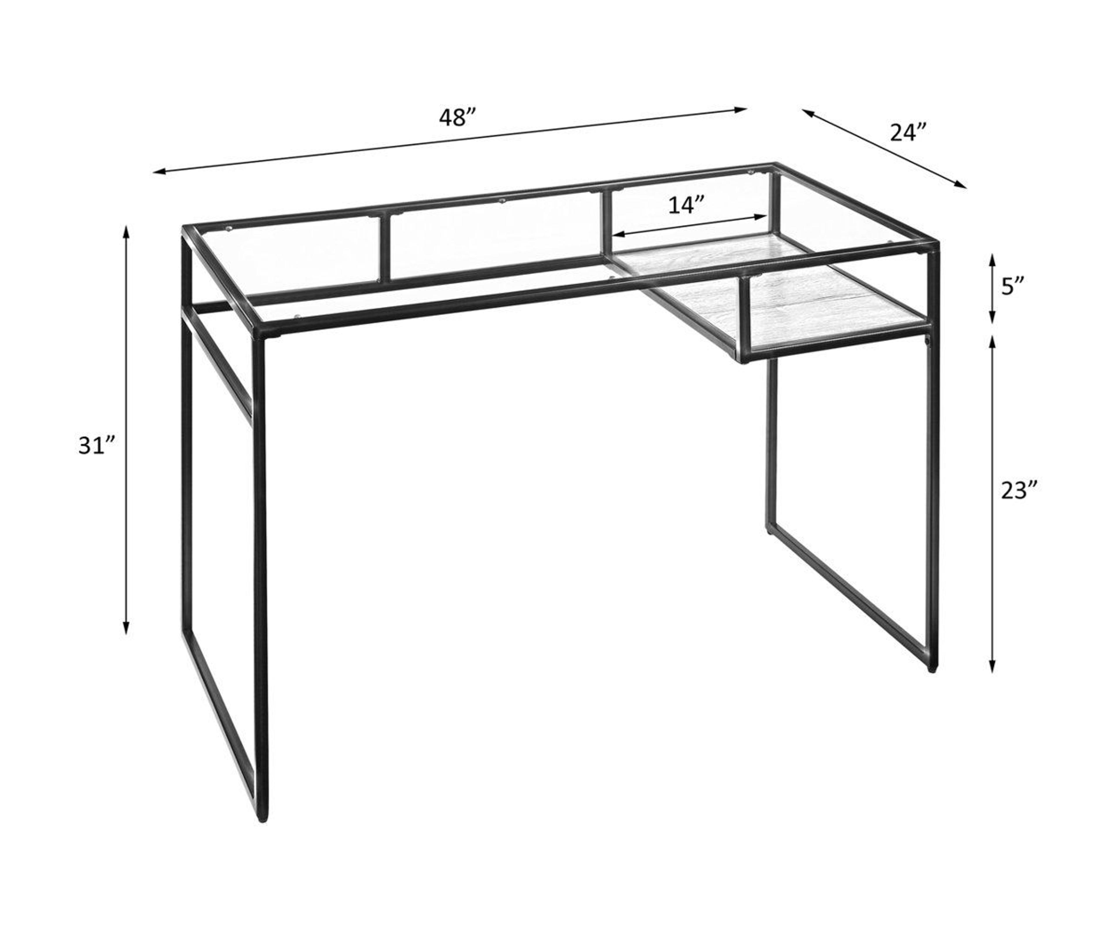 Modern Glass Top Writing Desk With Red Storage Shelf And Metal Sled Base 5