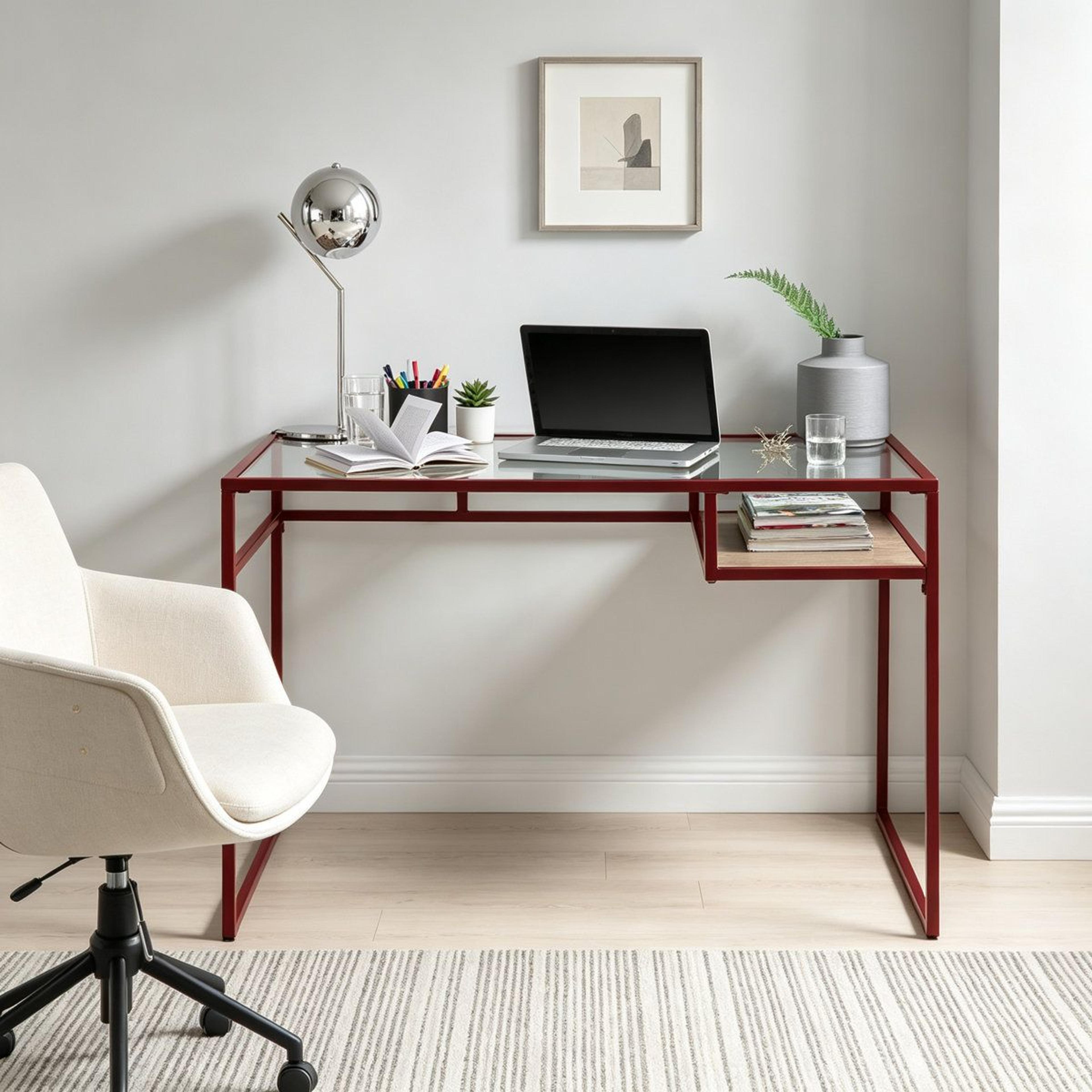Modern Glass Top Writing Desk With Red Storage Shelf And Metal Sled Base 6