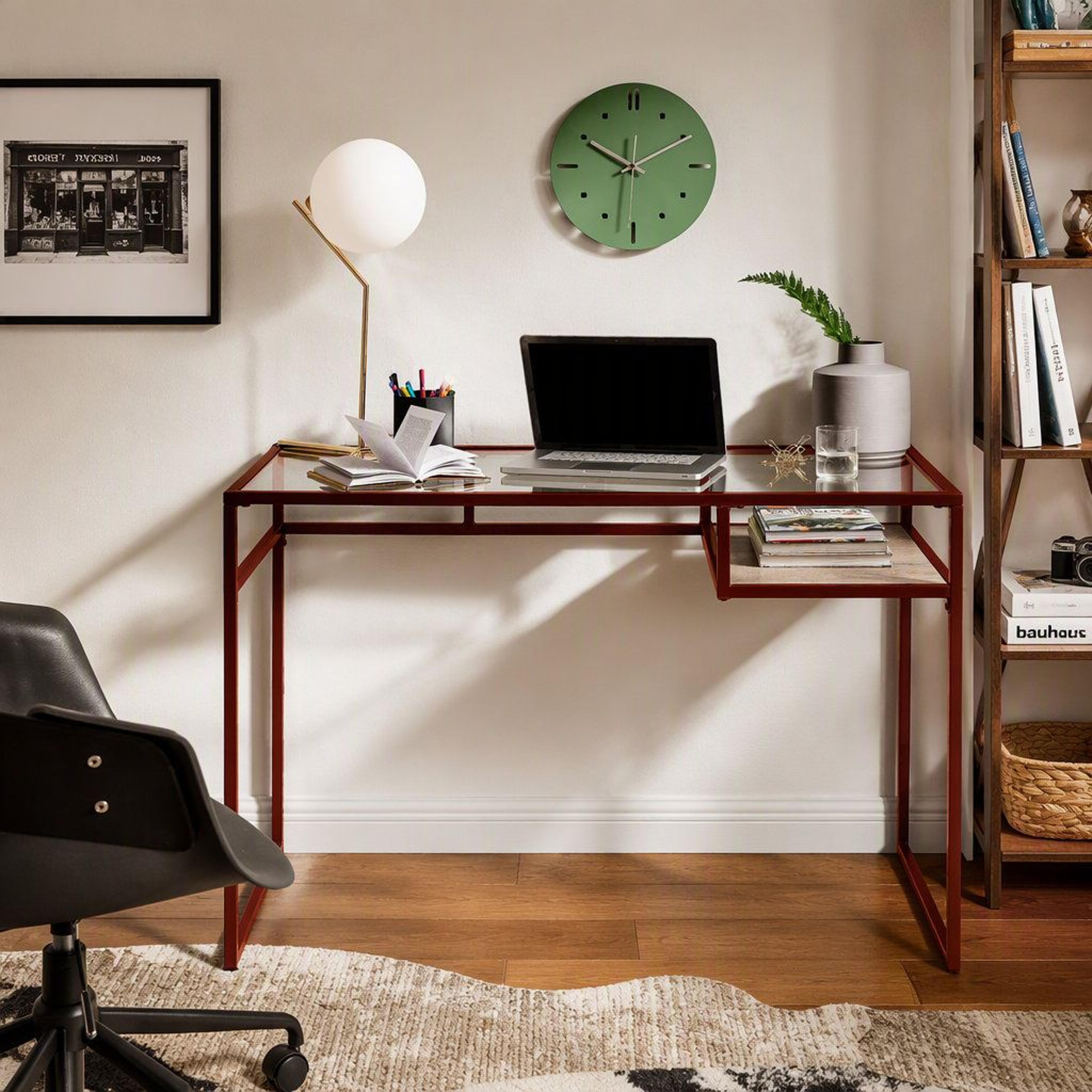 Modern Glass Top Writing Desk With Red Storage Shelf And Metal Sled Base 2