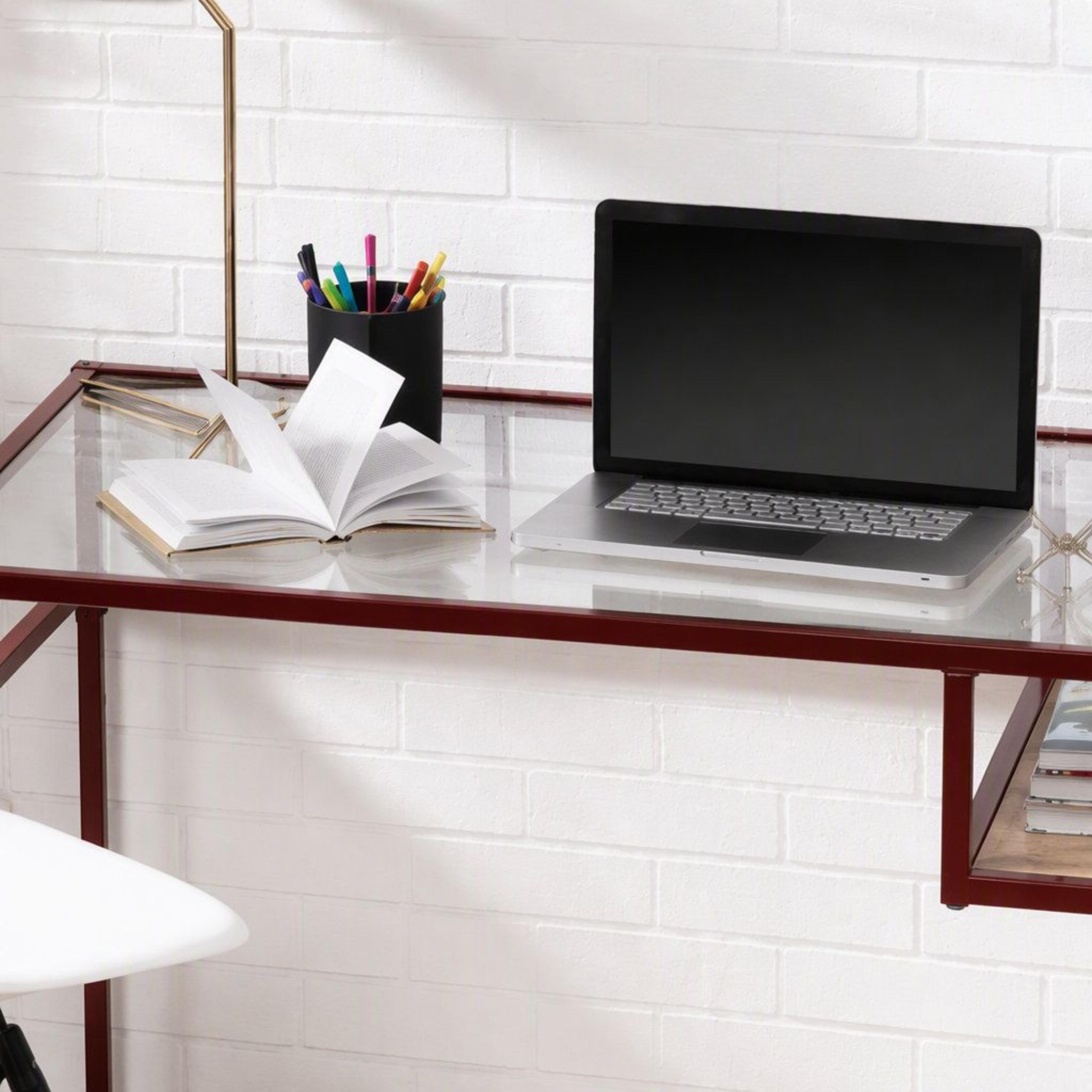 Modern Glass Top Writing Desk With Red Storage Shelf And Metal Sled Base 3