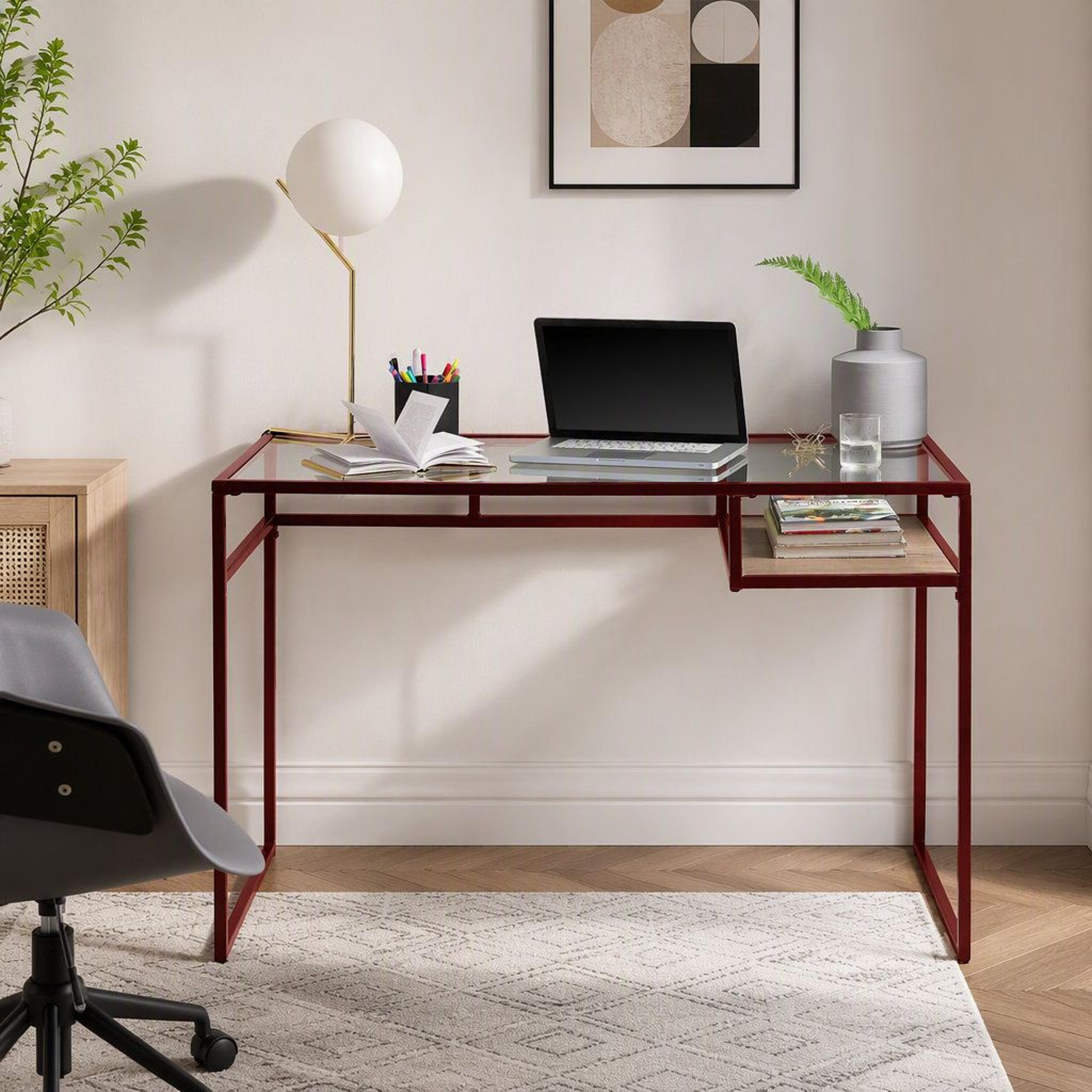 Modern Glass Top Writing Desk With Red Storage Shelf And Metal Sled Base 1