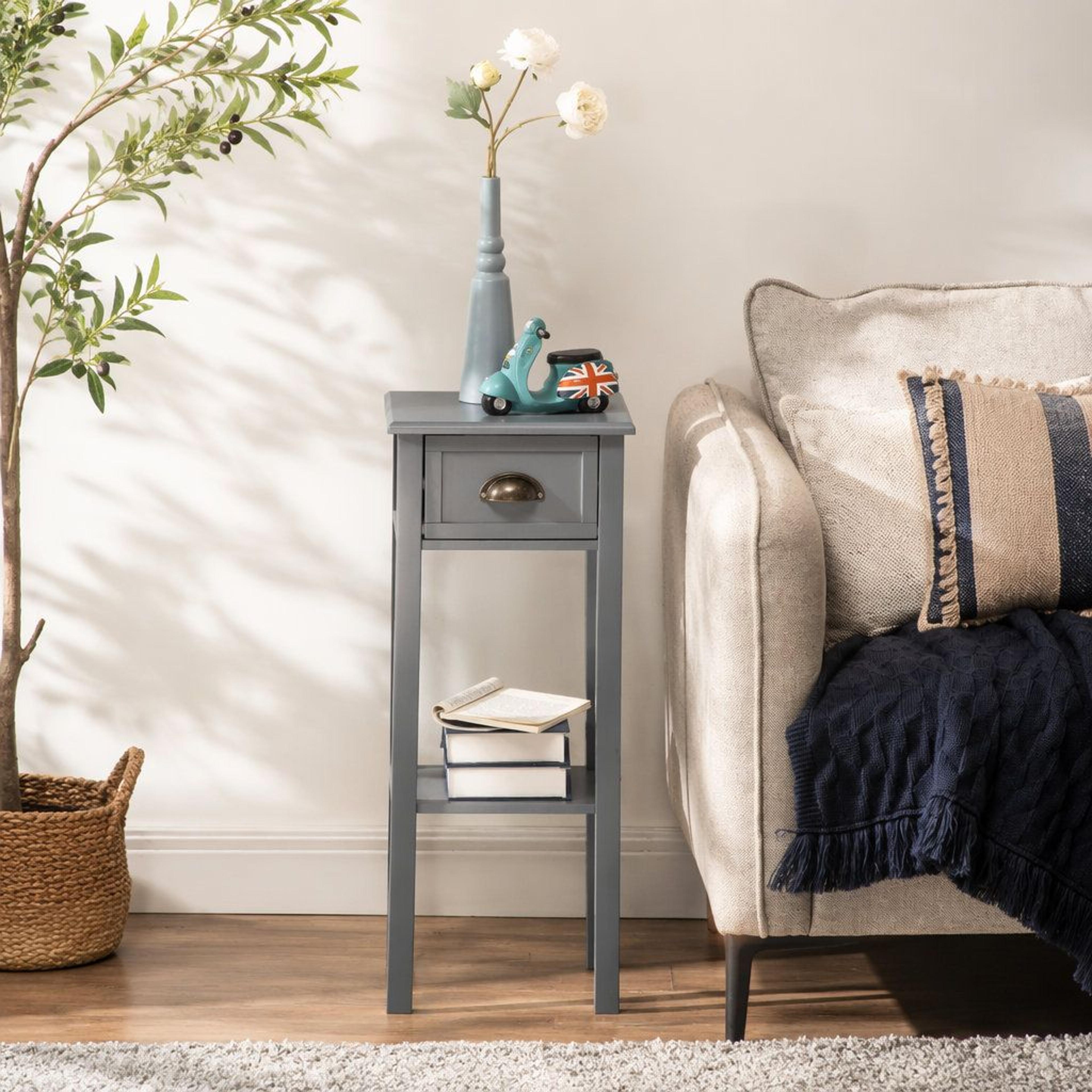 Modern Grey Wood End Table With Storage Drawer And Lower Shelf 1