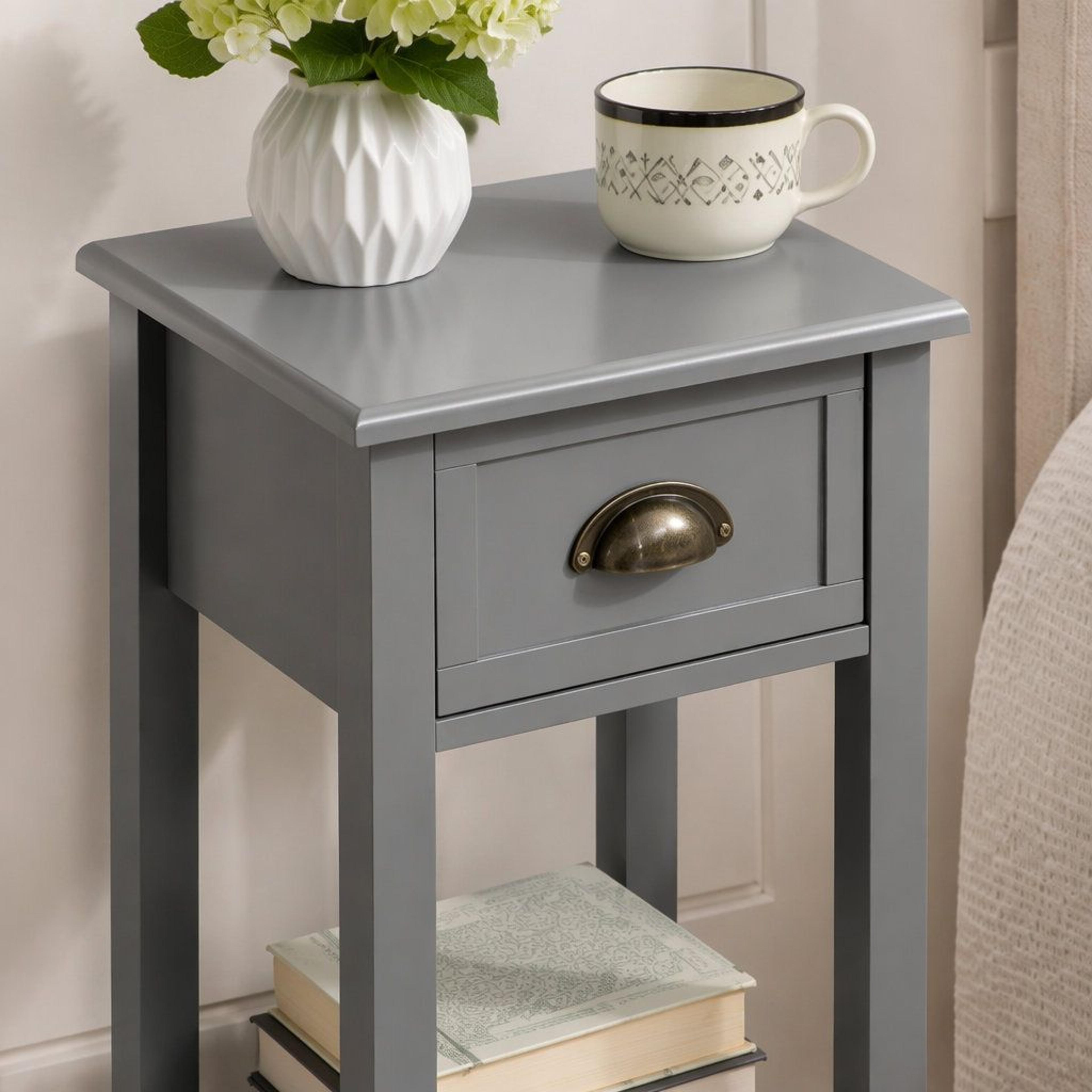 Modern Grey Wood End Table With Storage Drawer And Lower Shelf 4