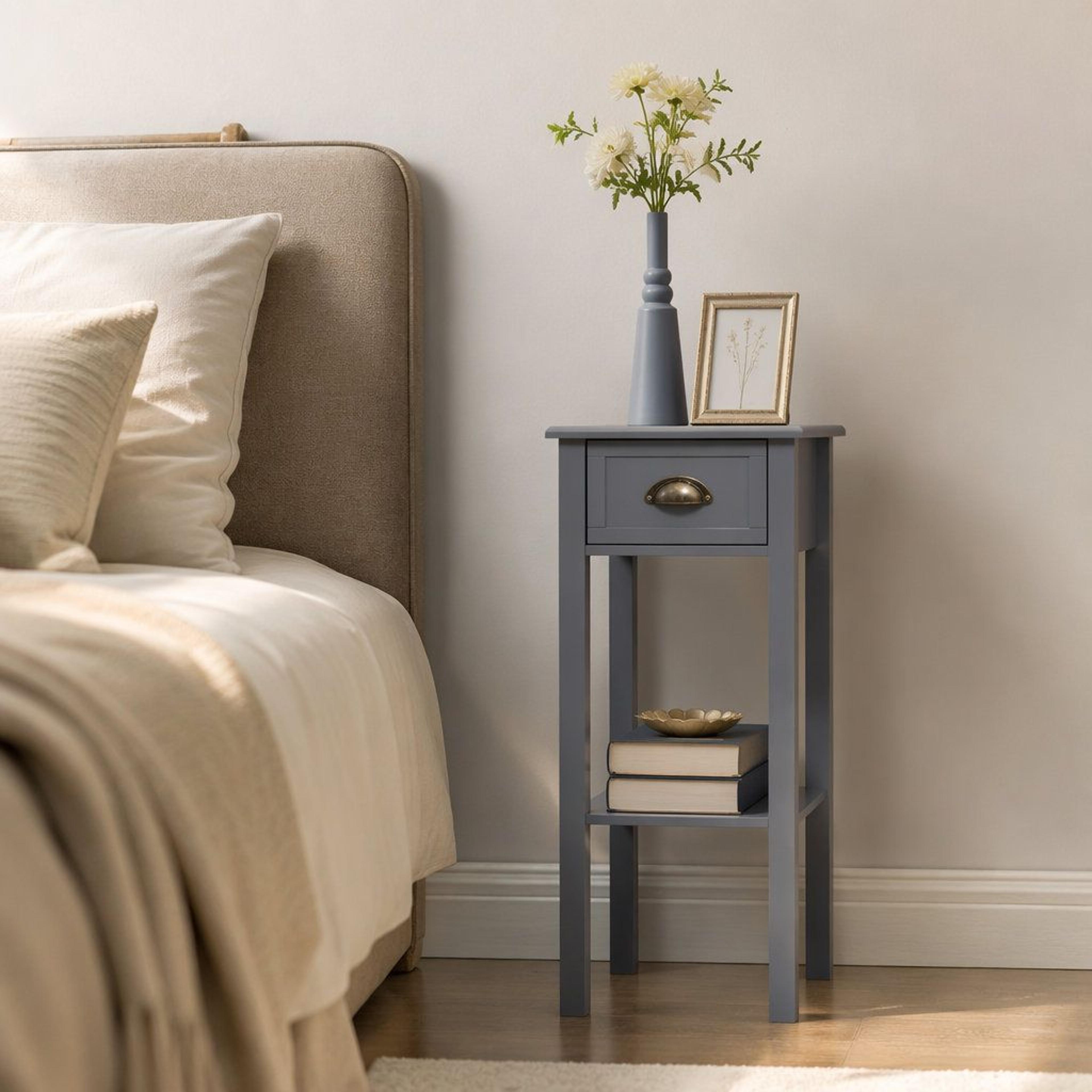 Modern Grey Wood End Table With Storage Drawer And Lower Shelf 2