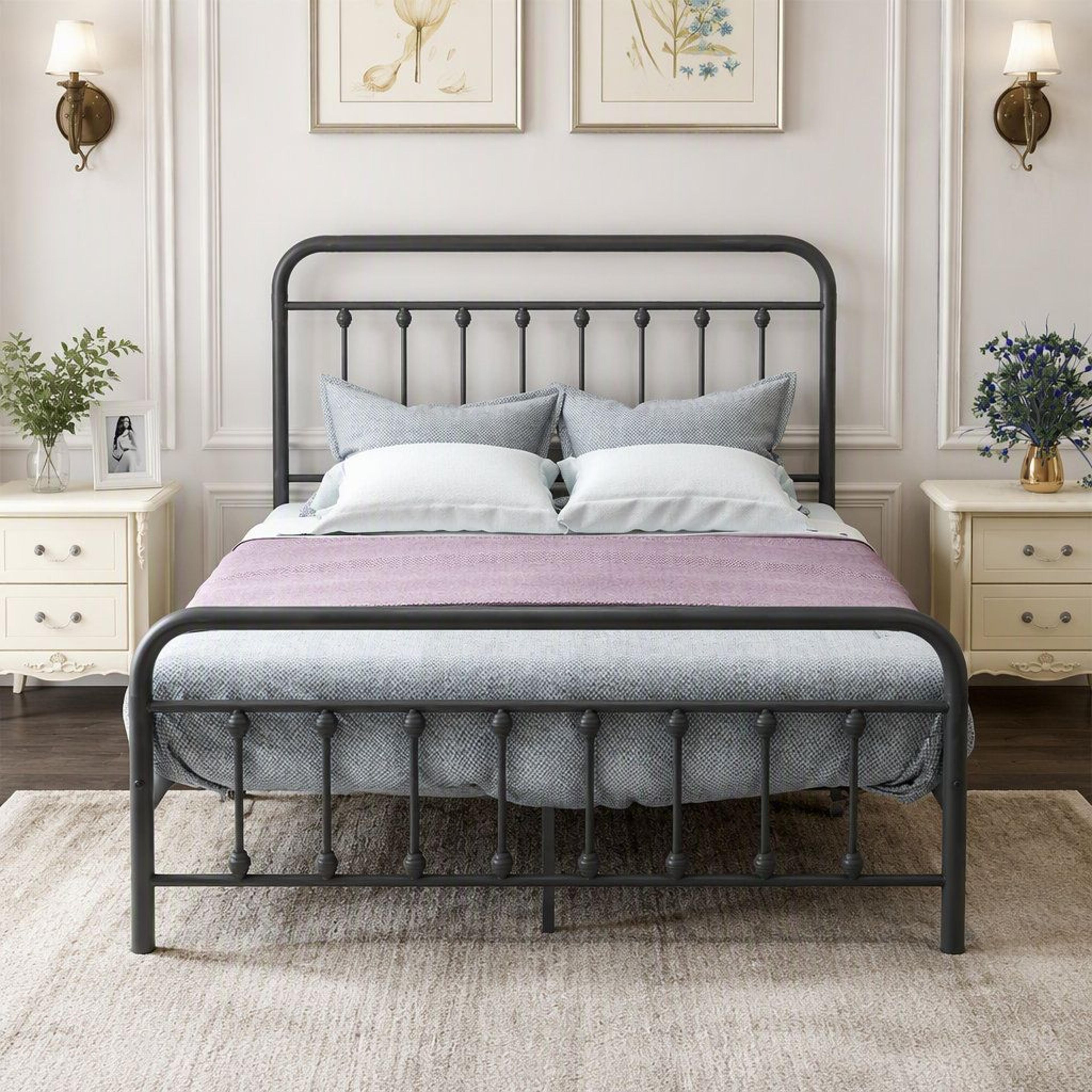 full size metal bed frame with farmhouse headboard and underbed storage