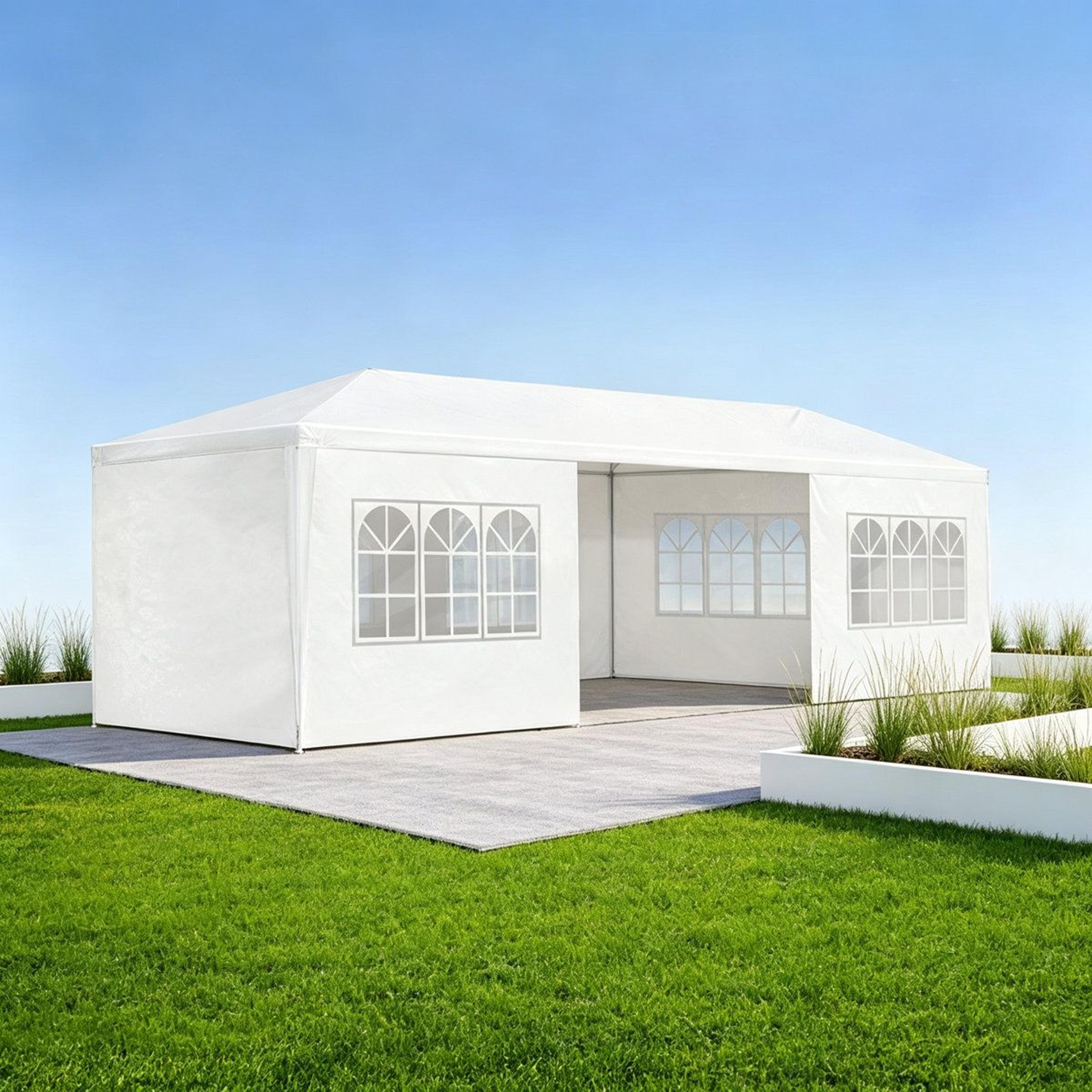 outdoor rectangular party tent with metal frame and fabric roof