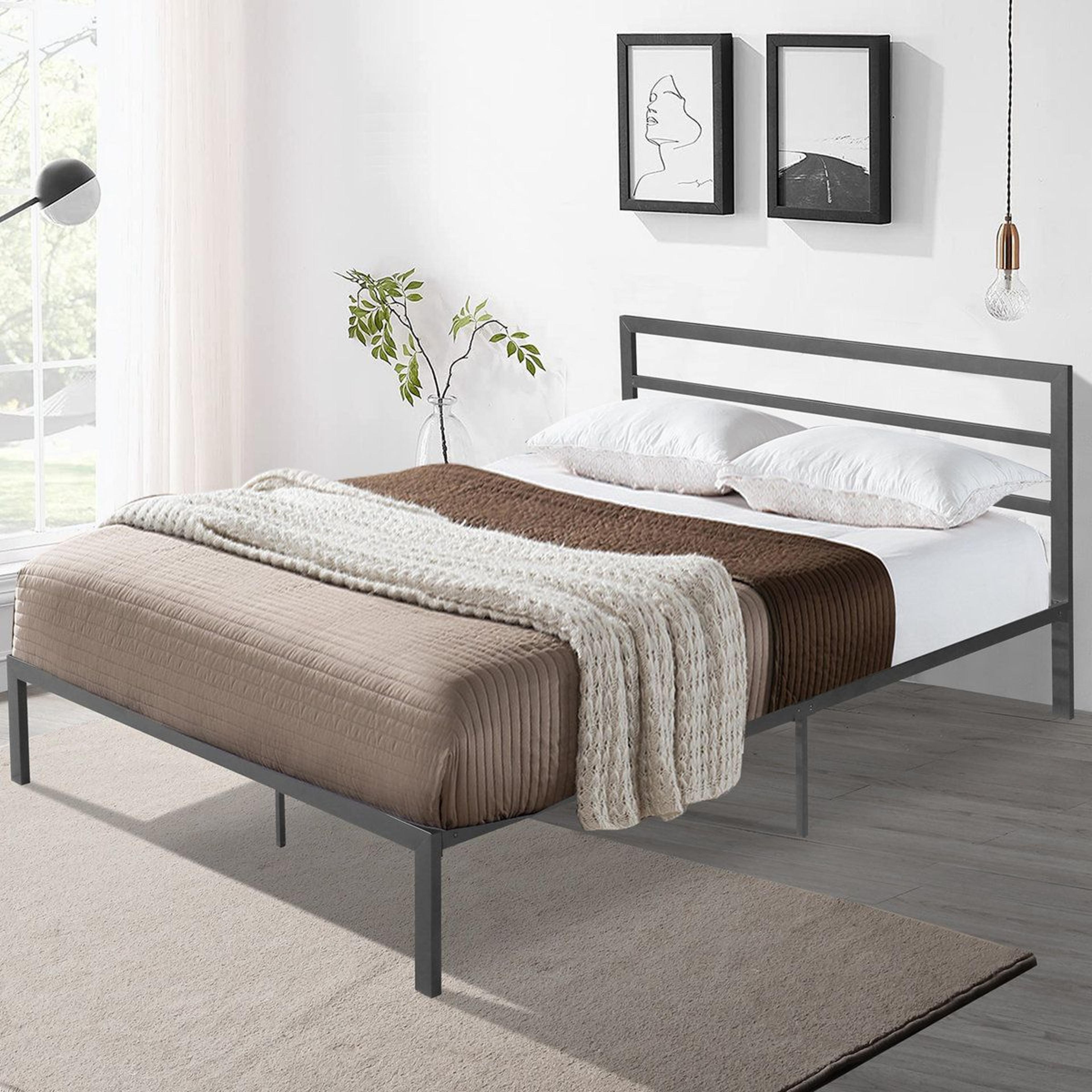 queen metal four poster bed frame with headboard and under-bed storage