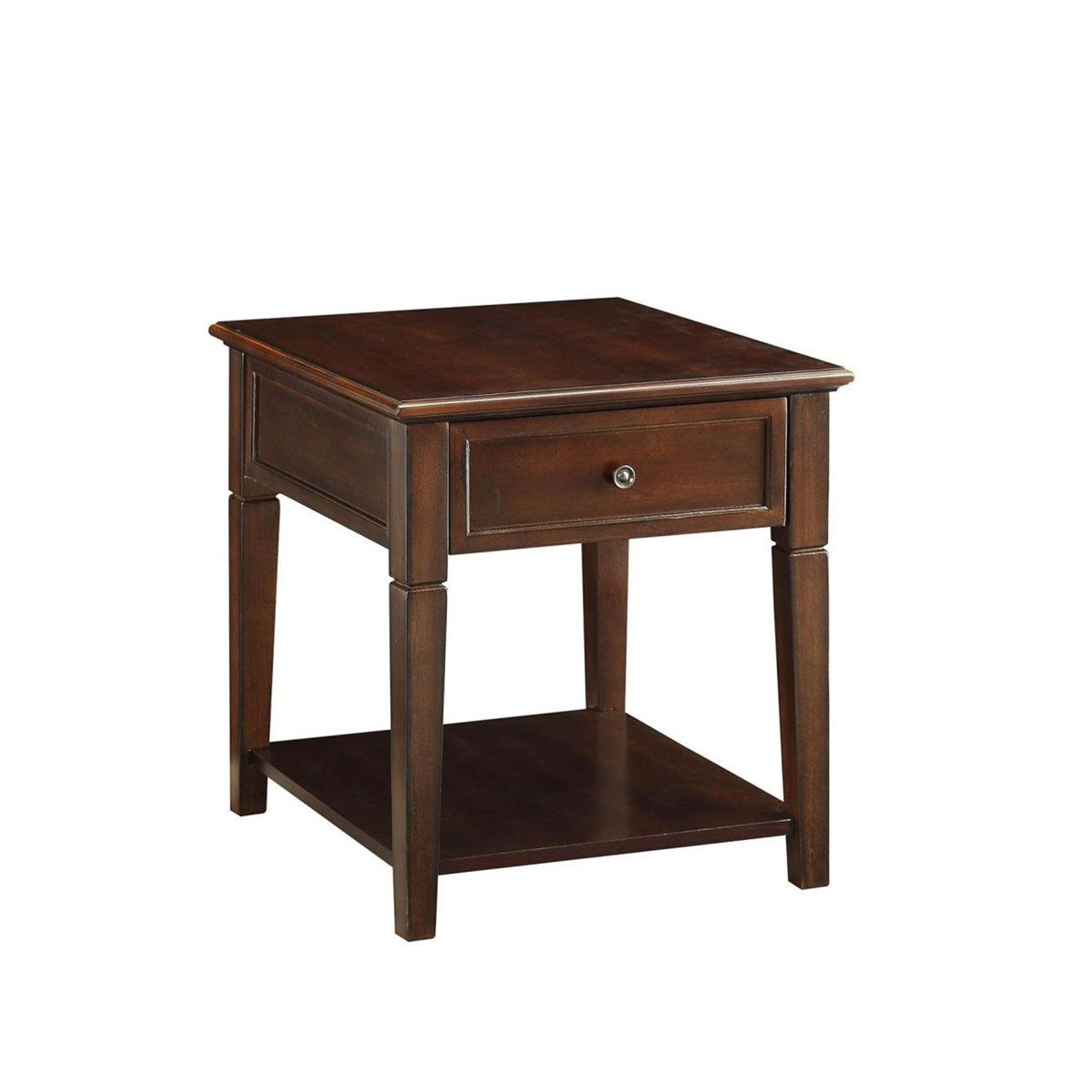 walnut solid wood end table with drawer and shelf storage