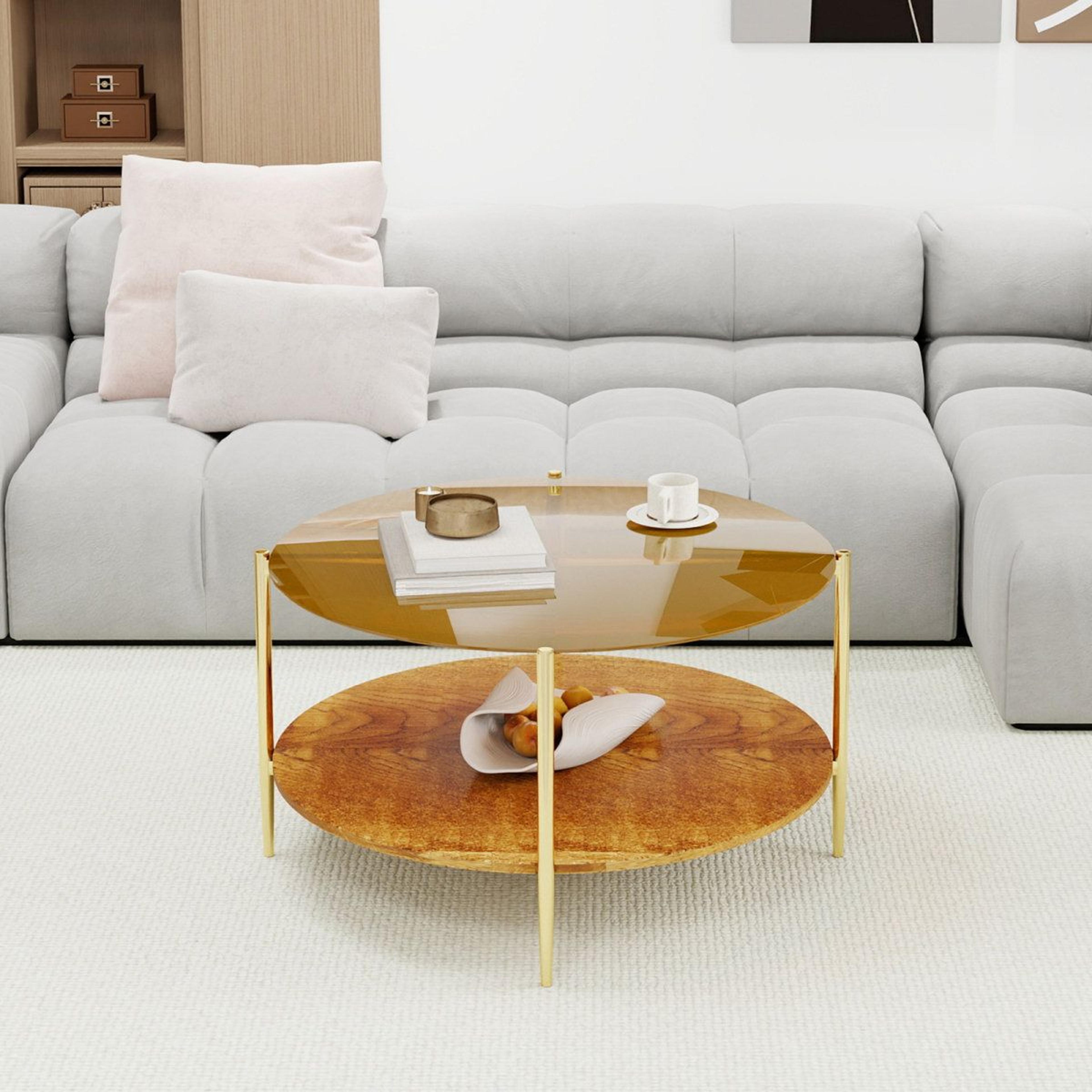 modern round gold coffee table with mdf top and four-leg base