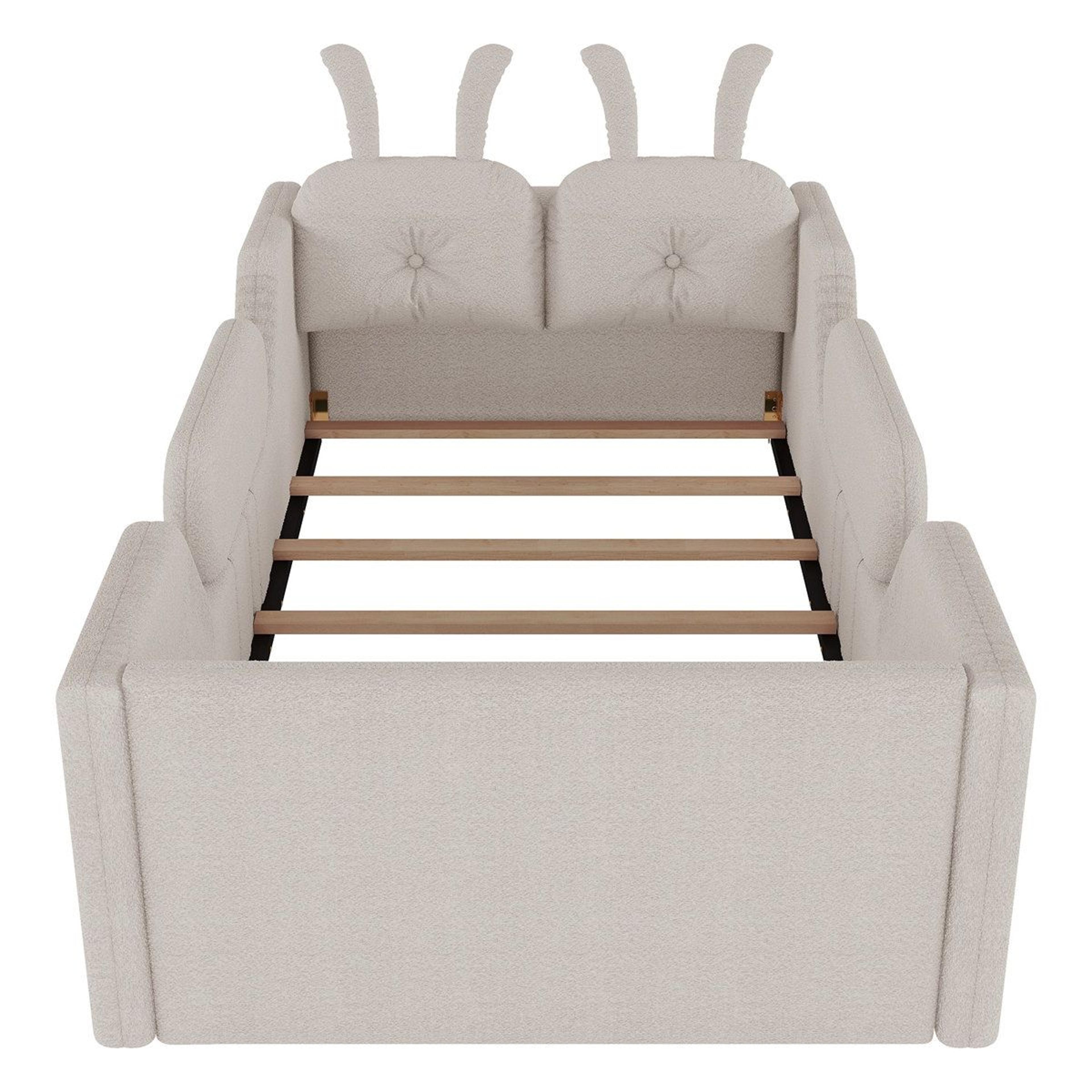 Twin Size Upholstered Kids Floor Bed With Rabbit Cushions And Removable Side Rails 13