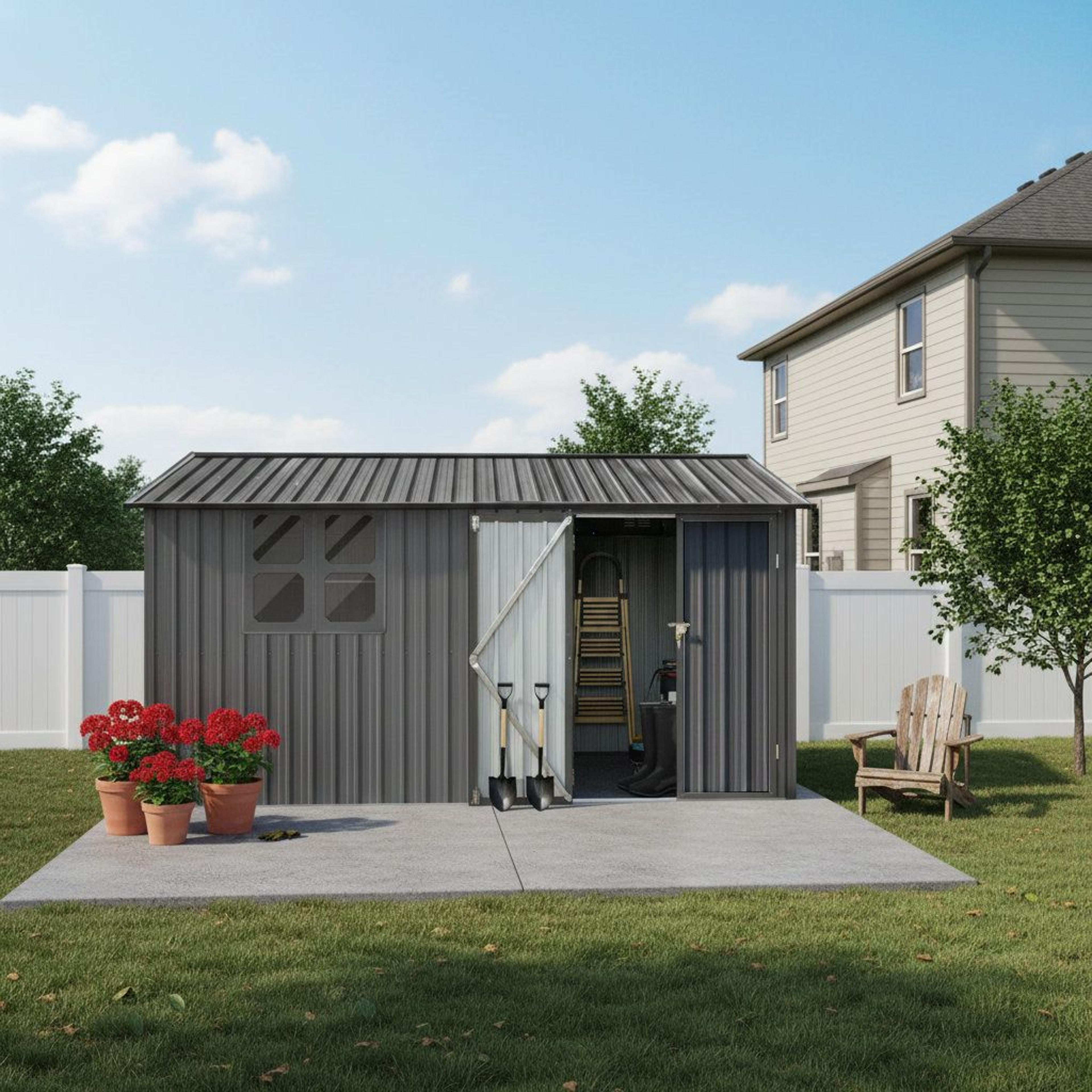 Metal Outdoor Storage Shed With Shelves Window And Foldable Worktable  Gray 2
