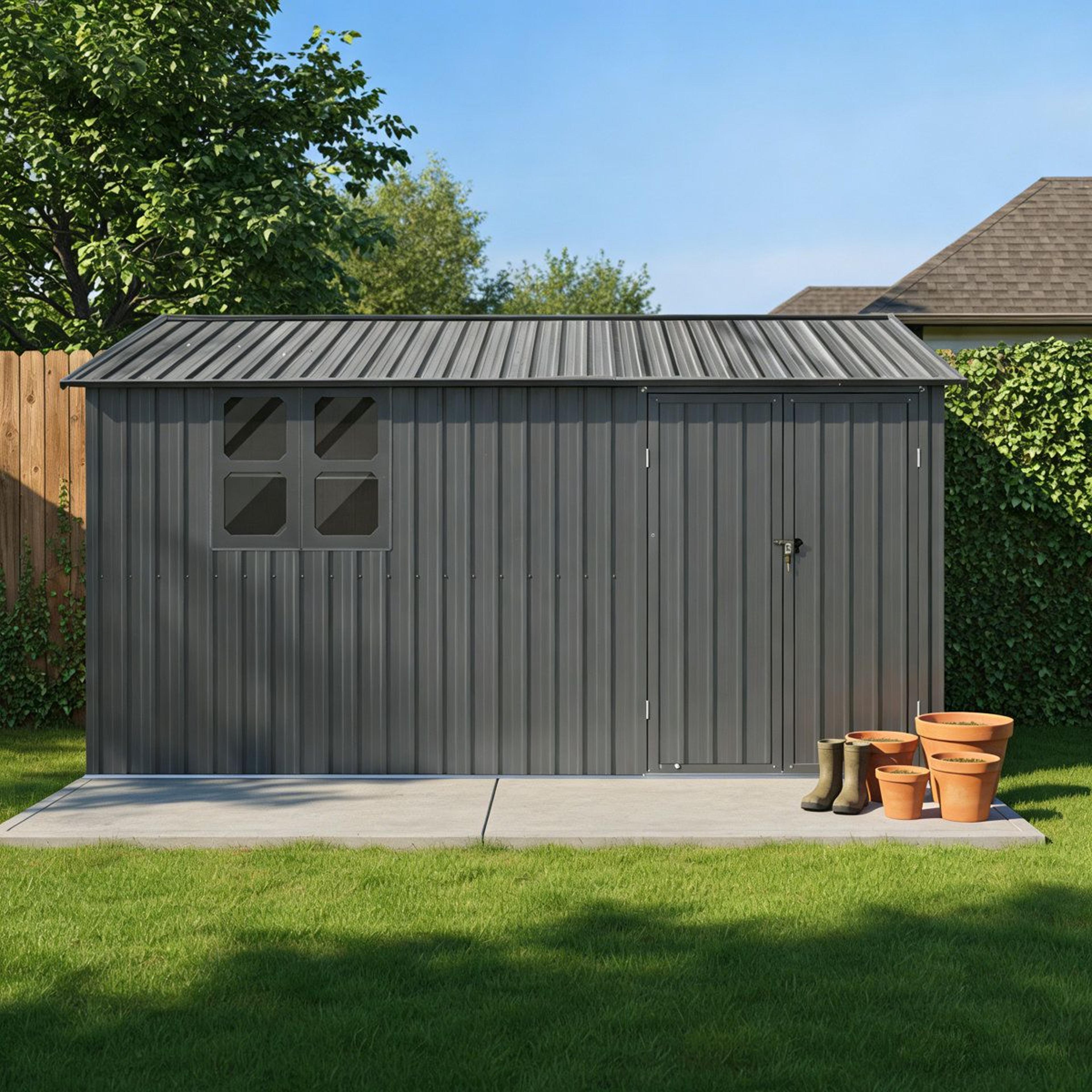 Metal Outdoor Storage Shed With Shelves Window And Foldable Worktable  Gray 3