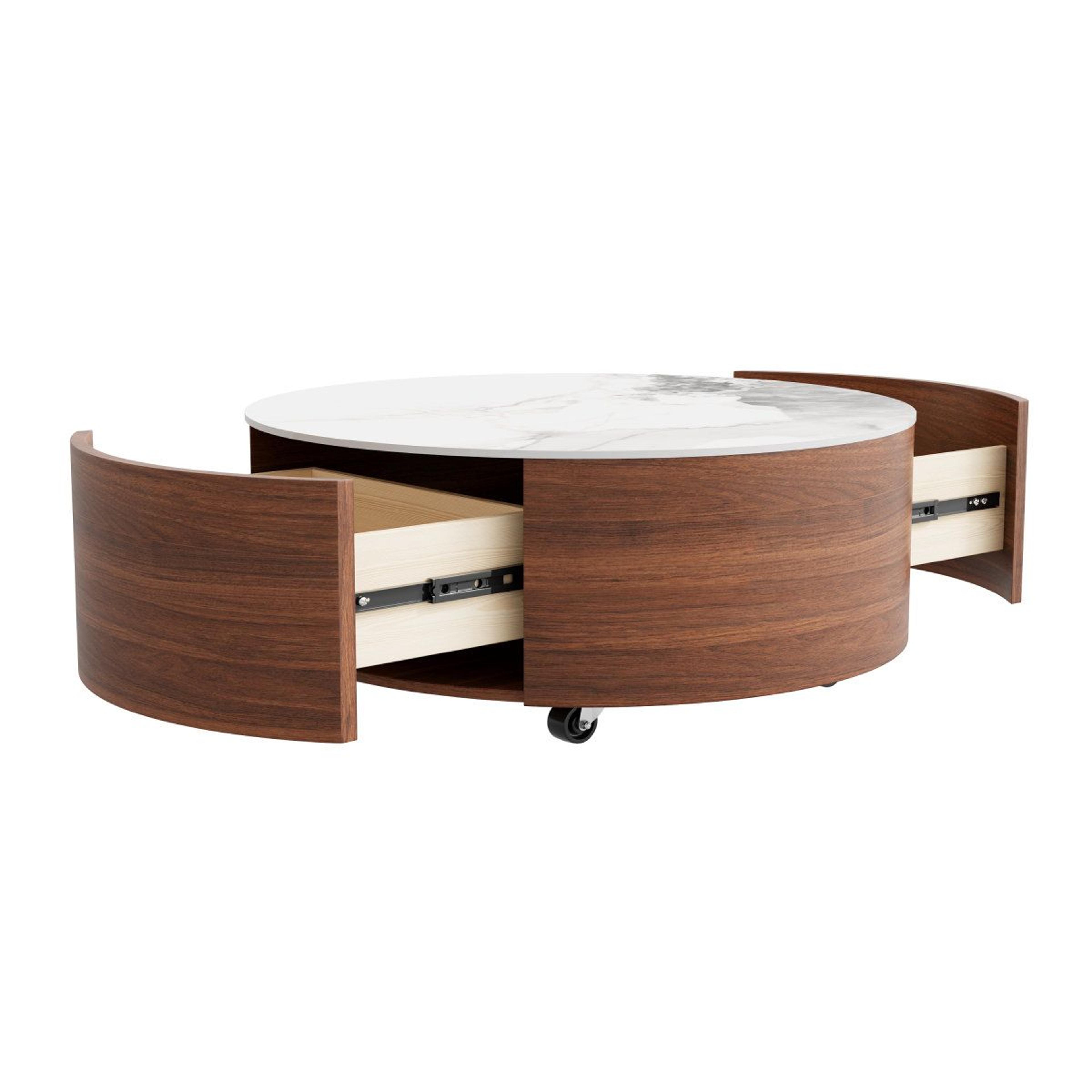 Modern Round Coffee Table With 2 Storage Drawers And Casters  295 Inch Walnut Finish 6