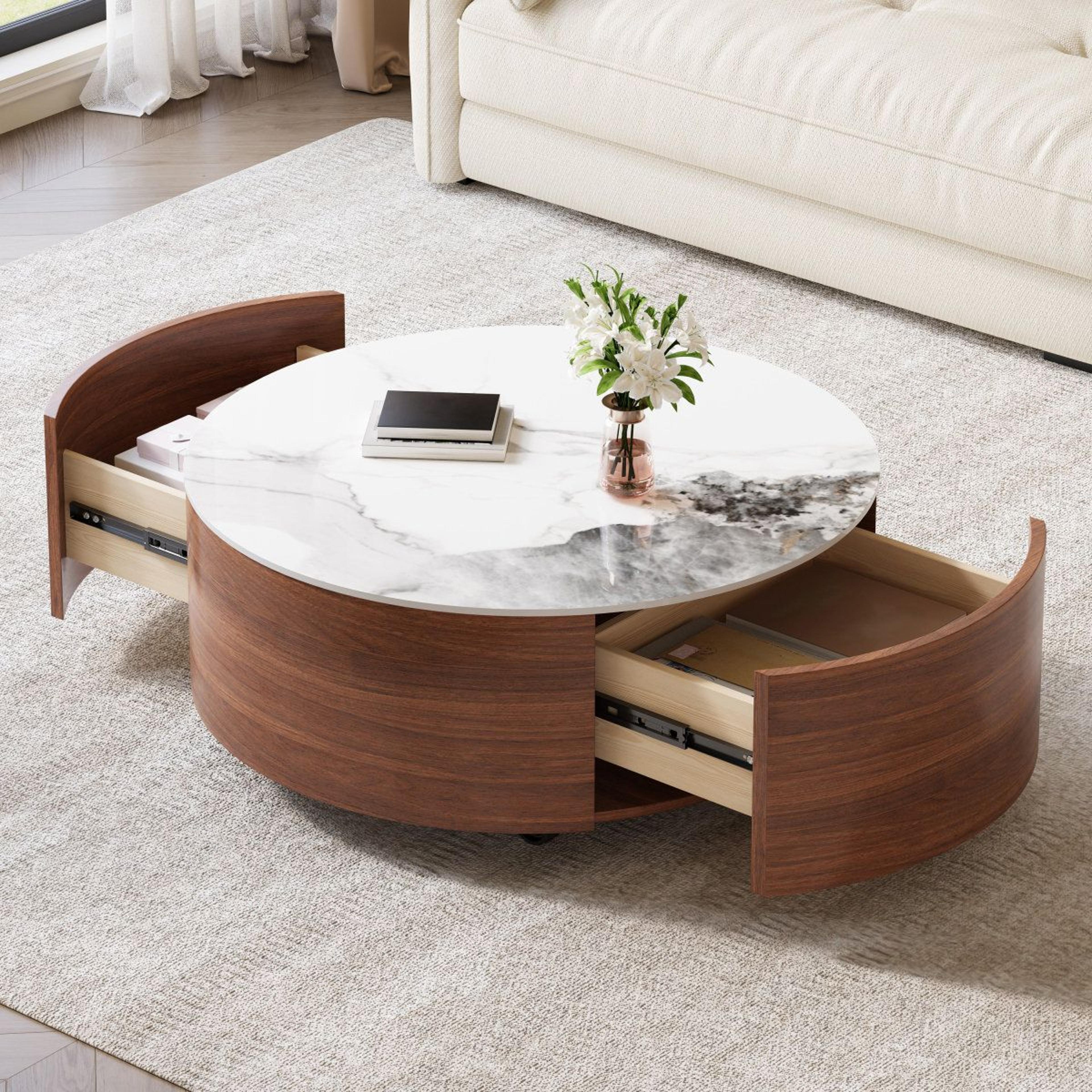 Modern Round Coffee Table With 2 Storage Drawers And Casters  295 Inch Walnut Finish 1