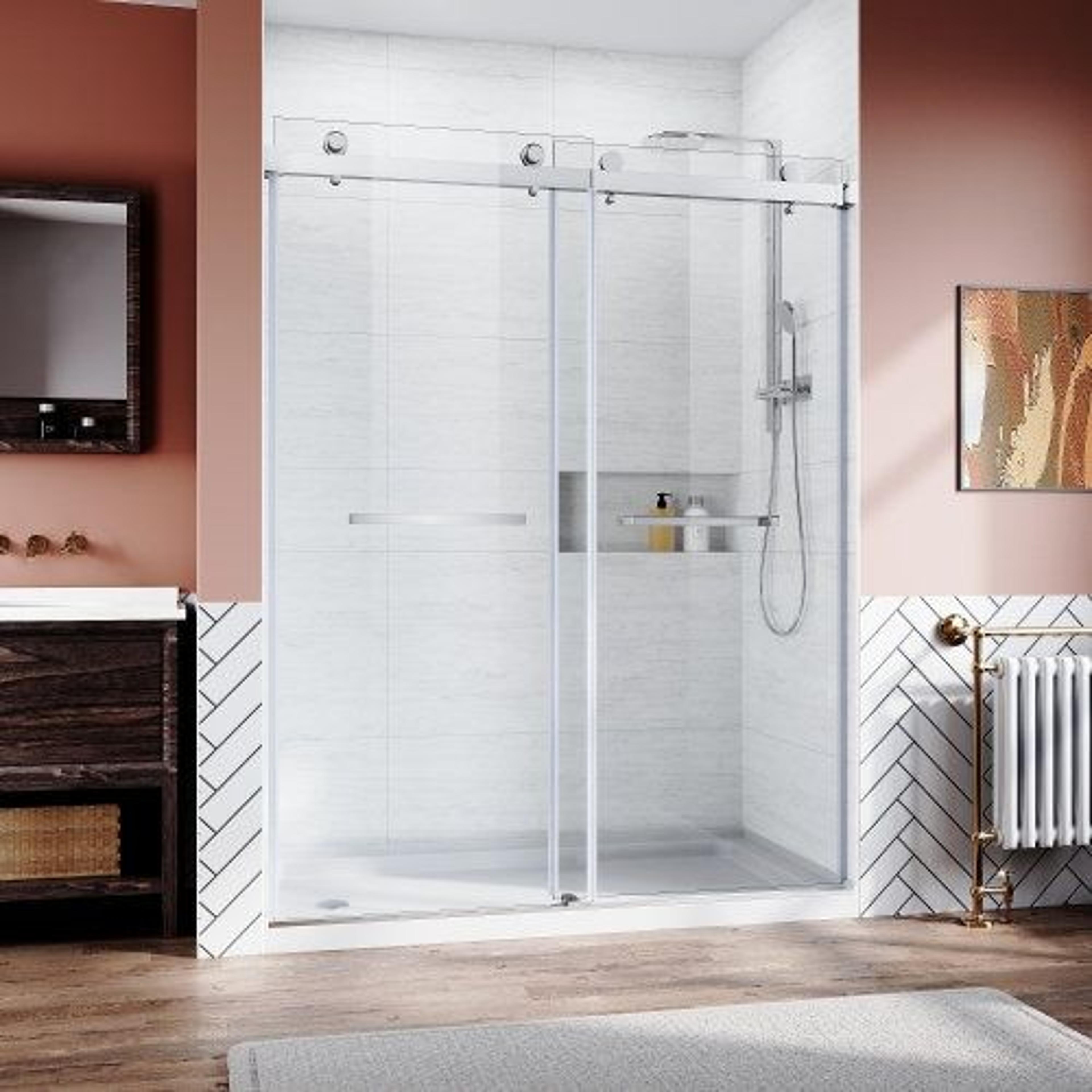 frameless sliding shower door 56–60 inch brushed nickel clear tempered glass