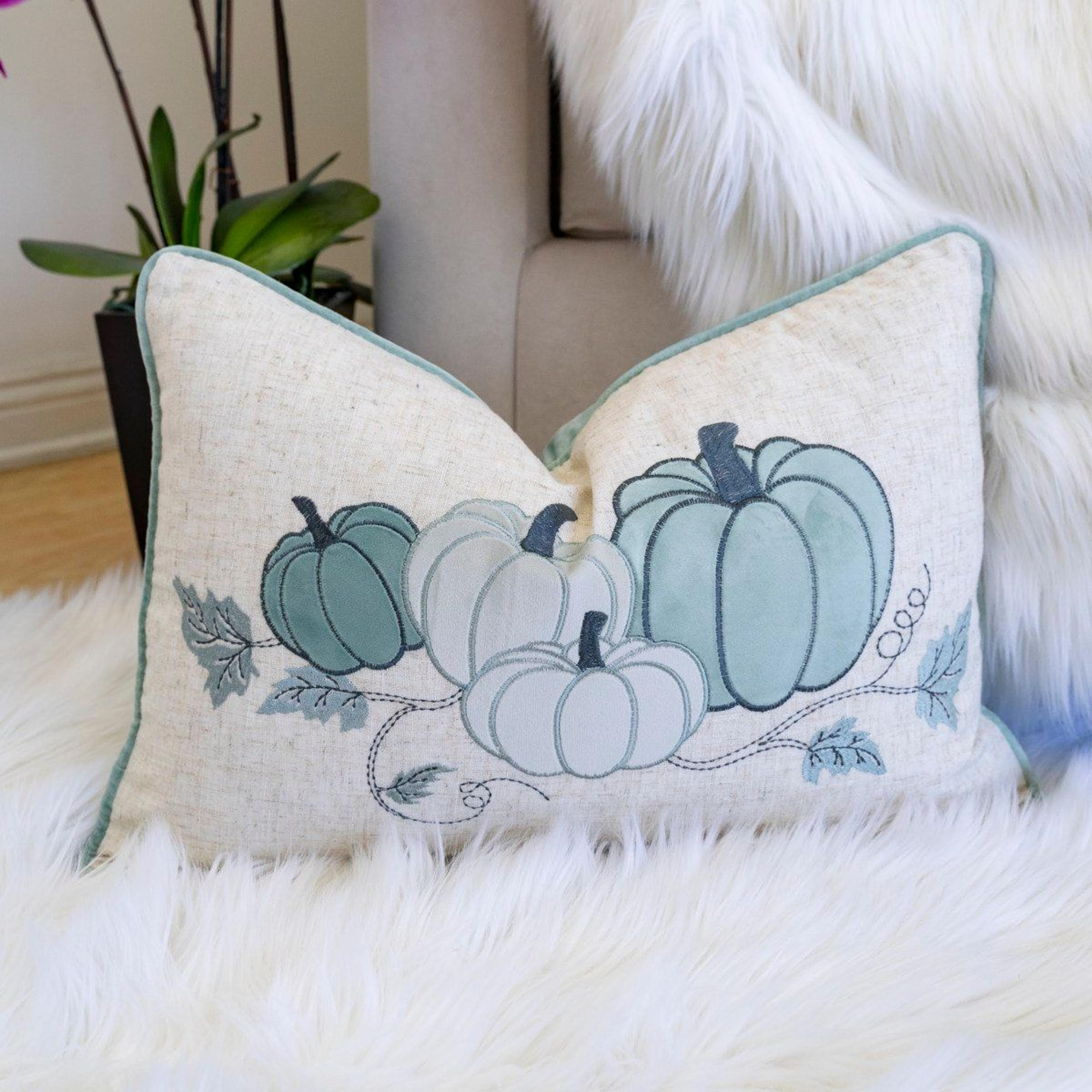 Embroidered Pumpkin Lumbar Throw Pillow  Light Blue Fall Accent Cushion 1
