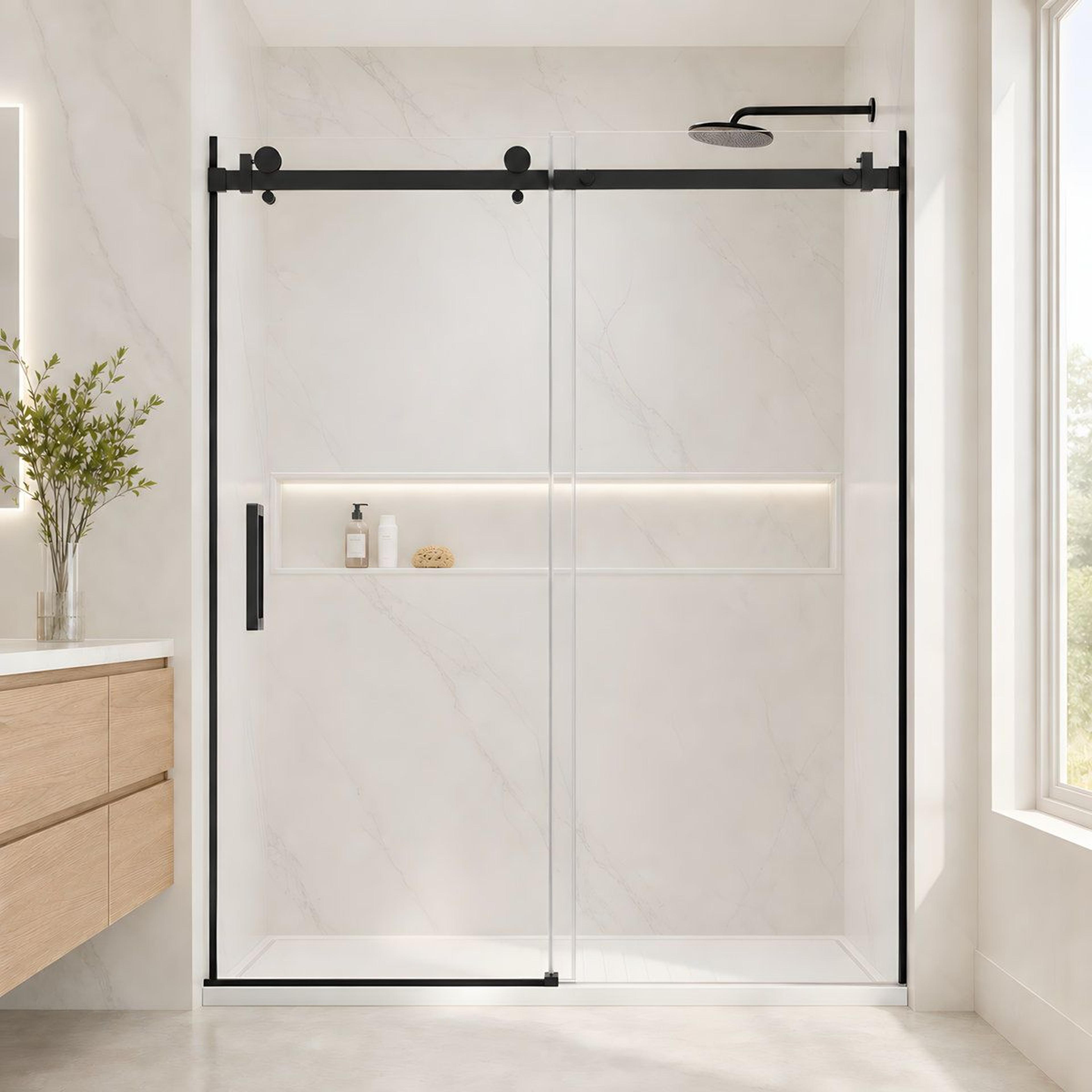 54-inch frameless sliding shower door with 8mm clear tempered glass in matte black